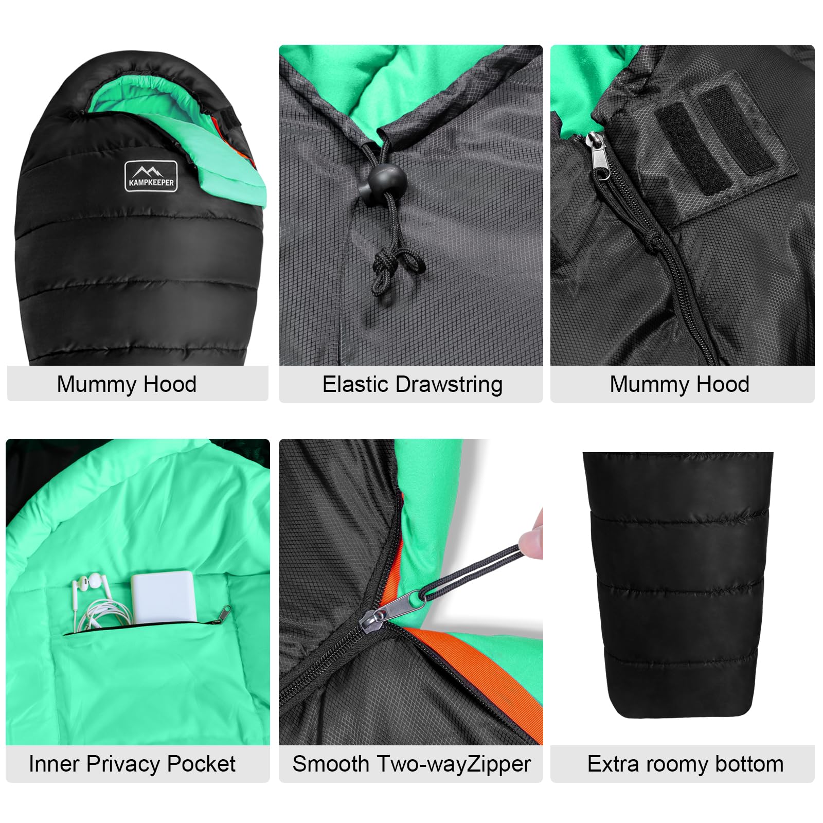 KAMPKEEPER Saco de dormir para momia, saco de dormir para acampar para clima frío, -0.0 °C 3-4 estaciones, saco de dormir para adultos, cremallera sin enganches con capucha ajustable para mochileros