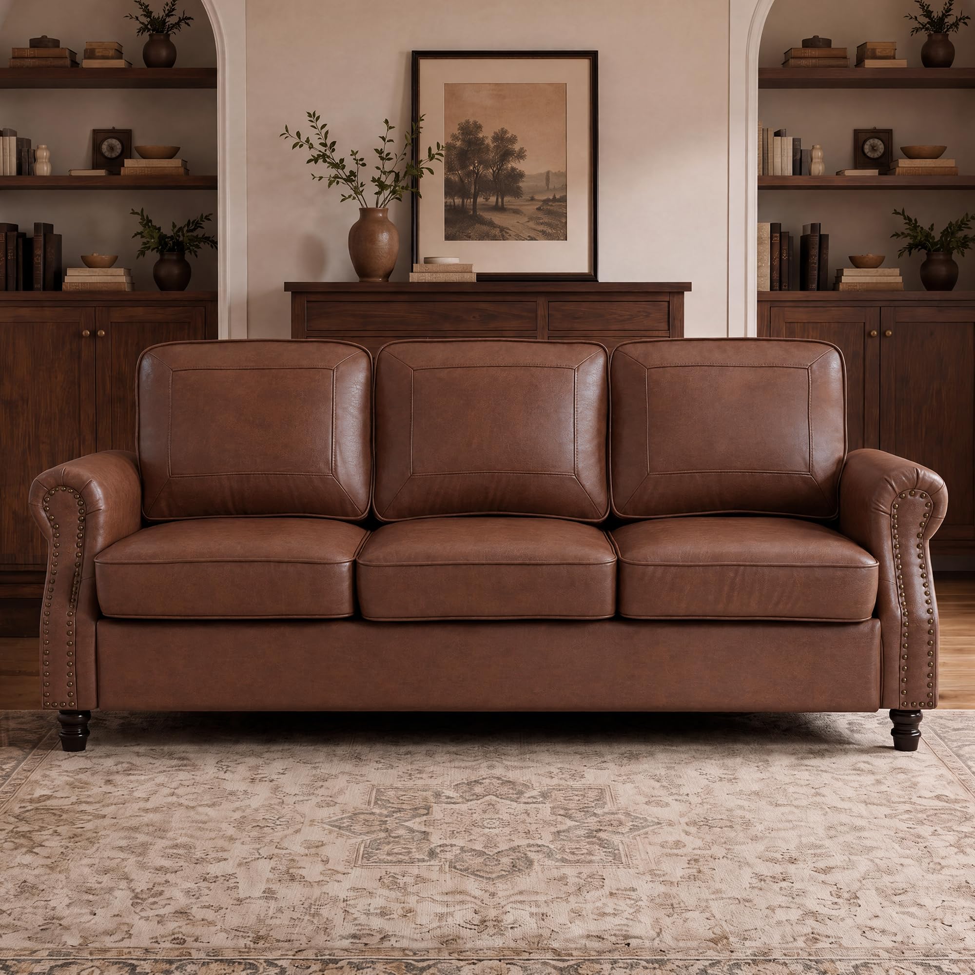 Kingfun Faux Leather 3 Seater Sofa with Rolled Arms,Rust