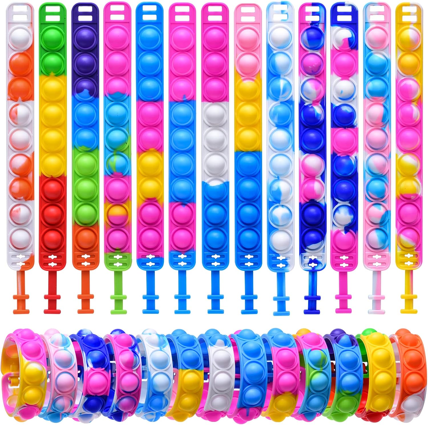 Xesakesi 26pcs Pop Bracelet Fidget Toys Pack Adjustable Silicone Bracelet Popper Toy, Bubble Sensory Pop Wristband Squeeze Toys Wearable Stress Relief Hand Finger Pop Toys for Kids Teen Adults