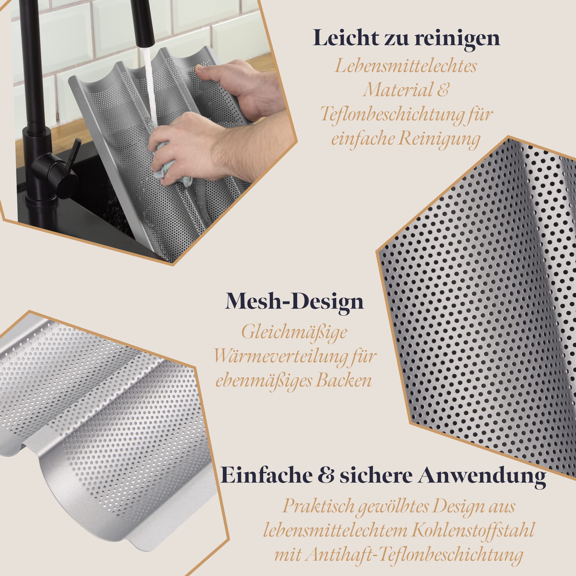 Antihaft-Backform für Baguette-Backofen, silberfarben, 38,5 x 20,5 x 3,5 cm – perforiertes Brotblech zum Kochen von 2 Baguettes – einfach zu bedienen und zu reinigen – Farbe Silber