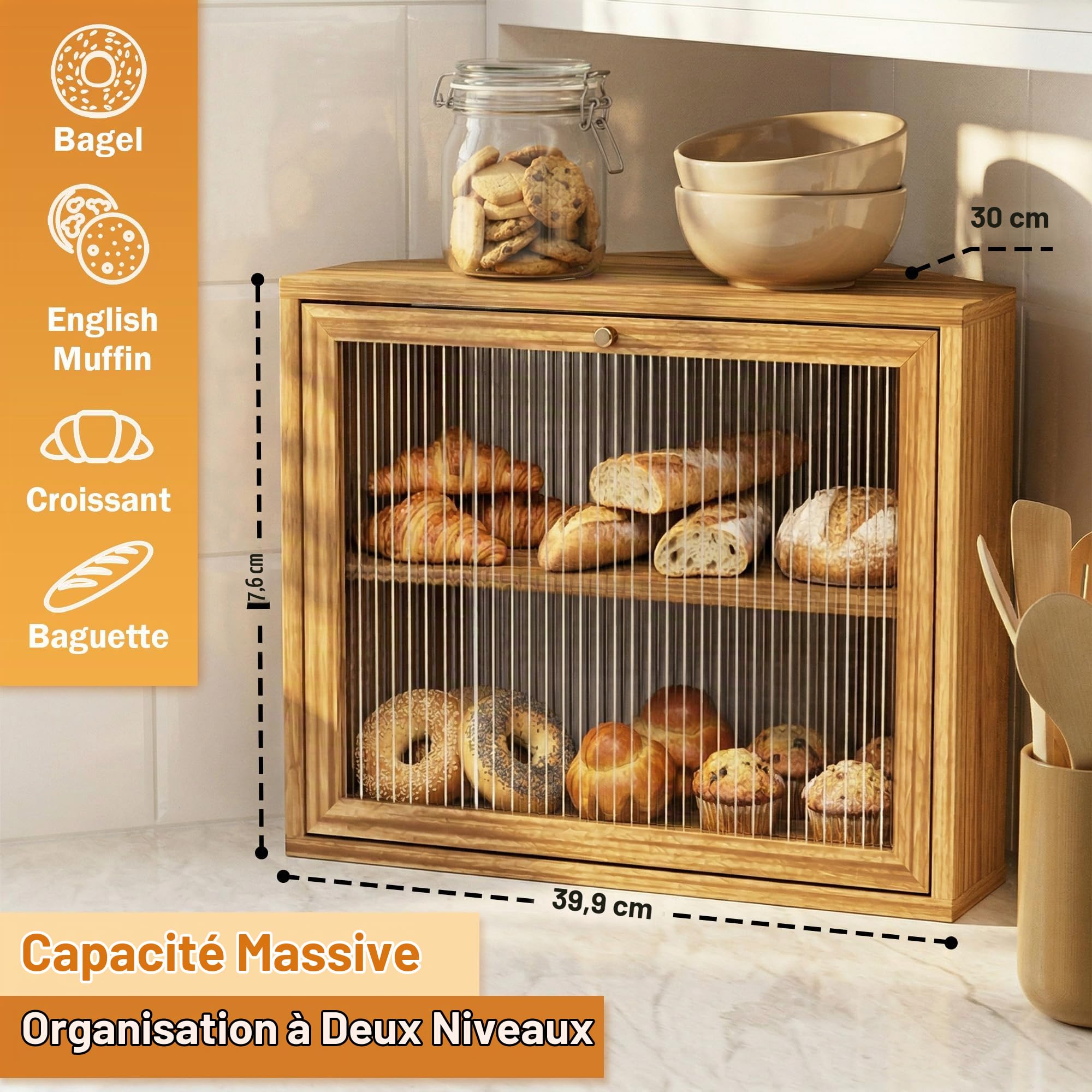 Boite a Pain, 2 Étages Boite a Pain Bois, Grand Cuisine Boîte de Rangement à Pain, Boîtes à Pain D'angle Peu Encombrante pour Pain Maison, Rangement de Cuisine sous les Placards