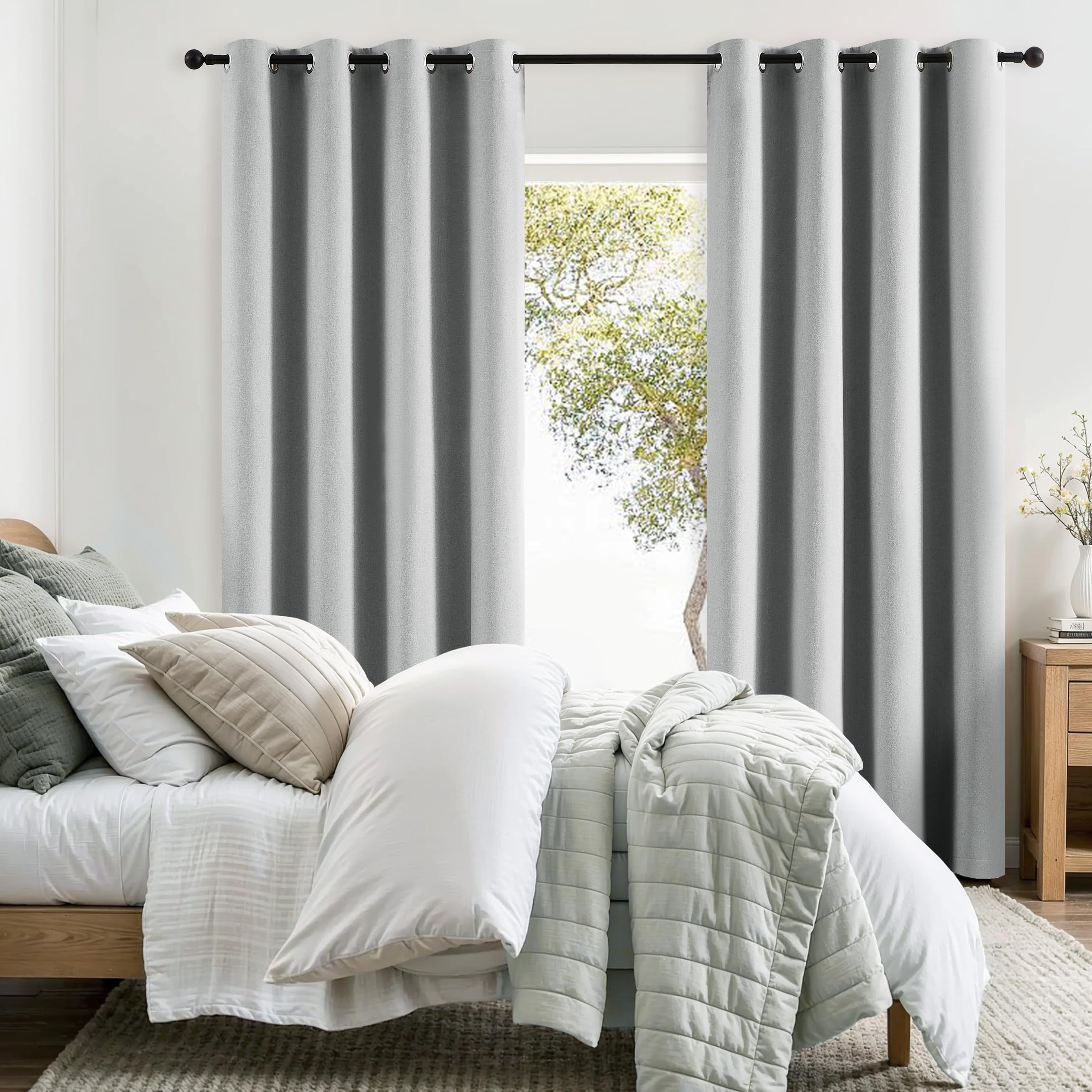 Rideaux occultants en lin gris de 228,6 cm de long, isolation thermique et insonorisante, pour chambre à coucher et salon, triple tissage avec œillets, gris clair, 132,1 cm de large