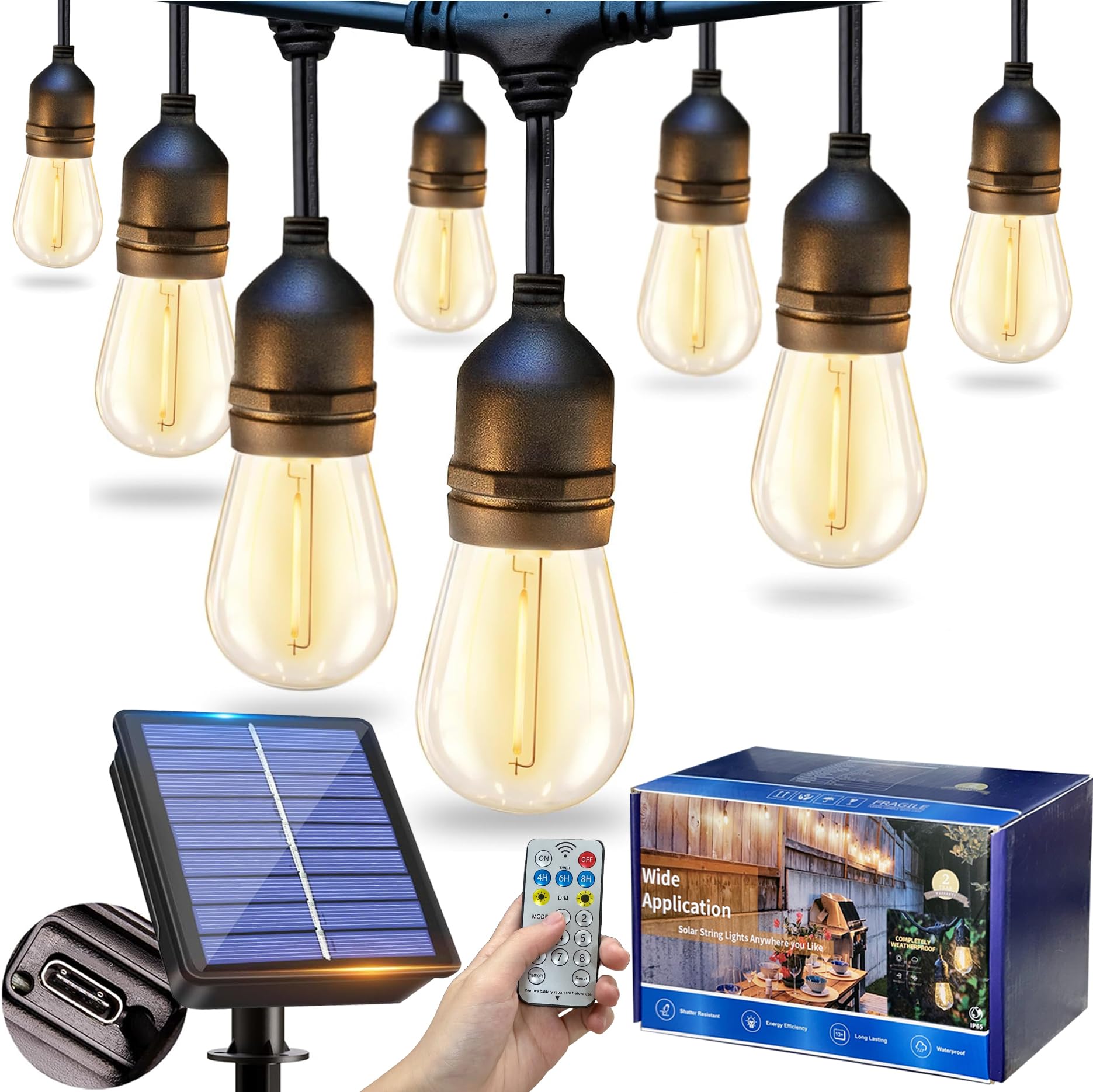 ROHKAO 50FT/15M Solar String Lights Outdoor Waterproof with USB Port & Remote Control Solar Patio Lights Long Last for 15+Hrs Dimmable Solar Power LED Bulbs for Porch Garden Market Bistro