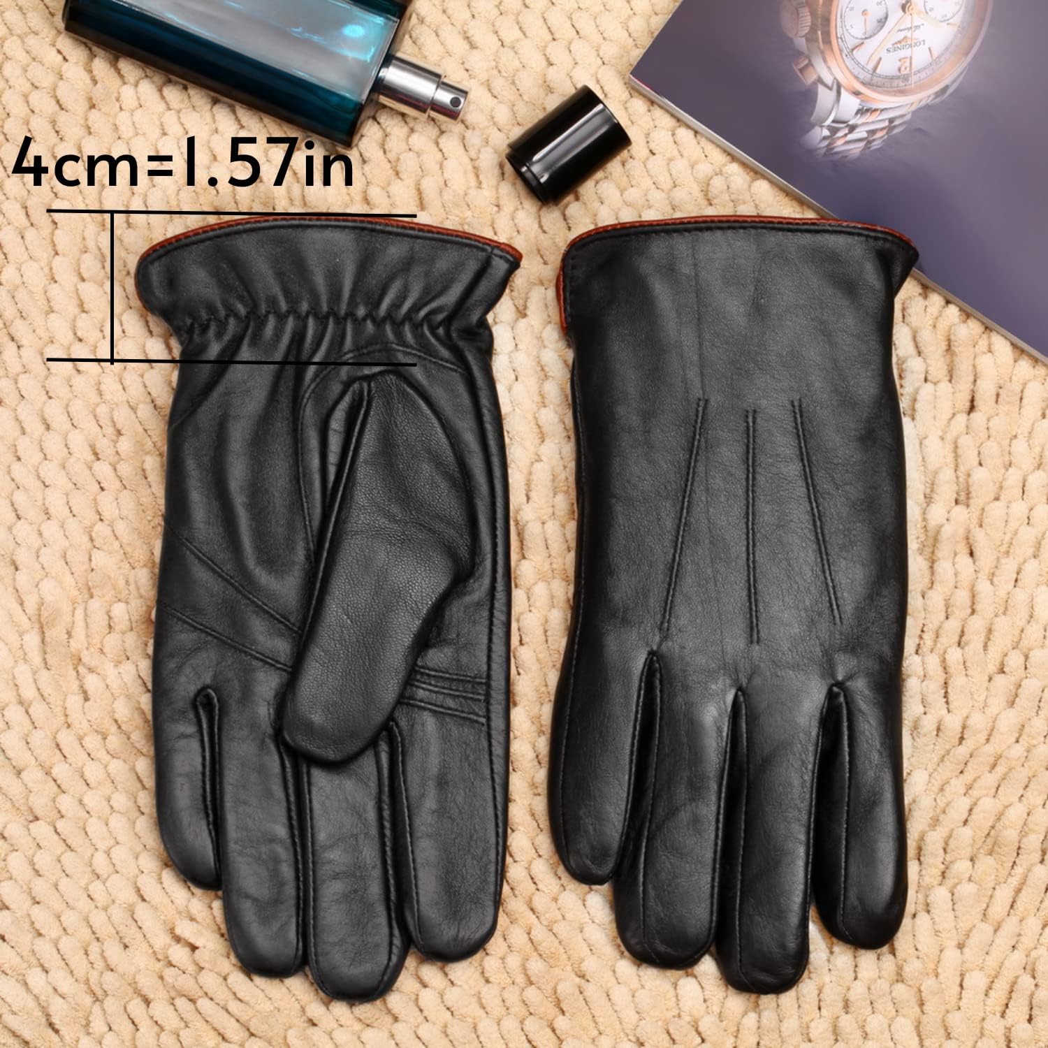 MaxW Sheepskin Leather Gloves for Men, Winter Warm Touchscreen, Black Leather for Driving, Motorcycle - Image 4