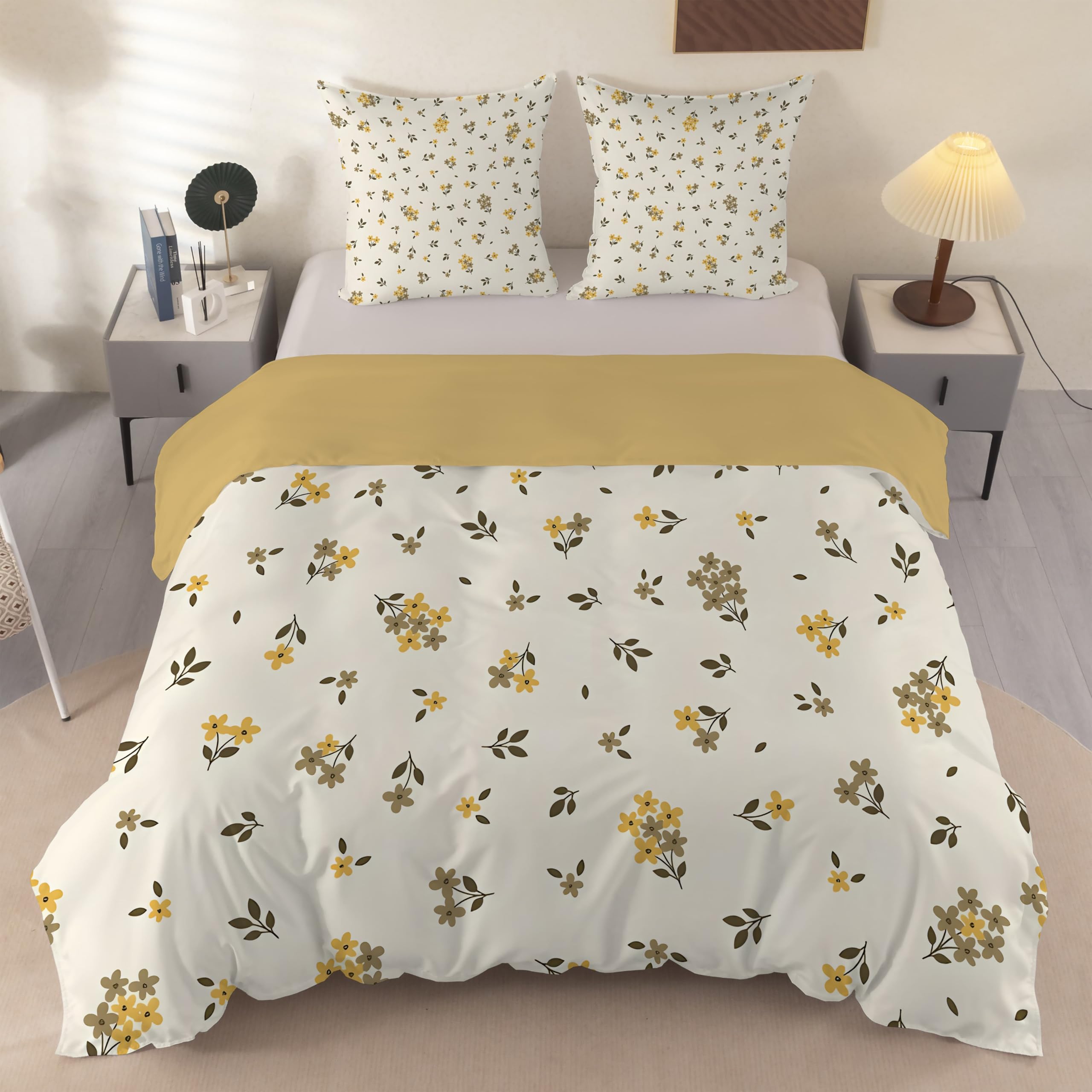 Parure de lit mignon floral beige et jaune pour créer une ambiance de chambre cocooning