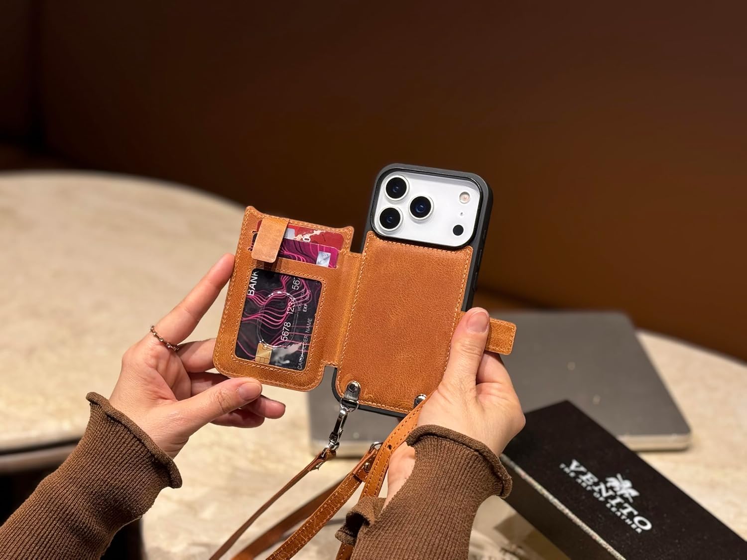 Venito Fermo Premium Leather Crossbody Phone Case with Detachable Strap and Wallet for iPhone 17 Pro | Secure Magnetic Closure, Stylish Hands-Free Design, RFID, Luxury Case, 6.3" Antique Brown