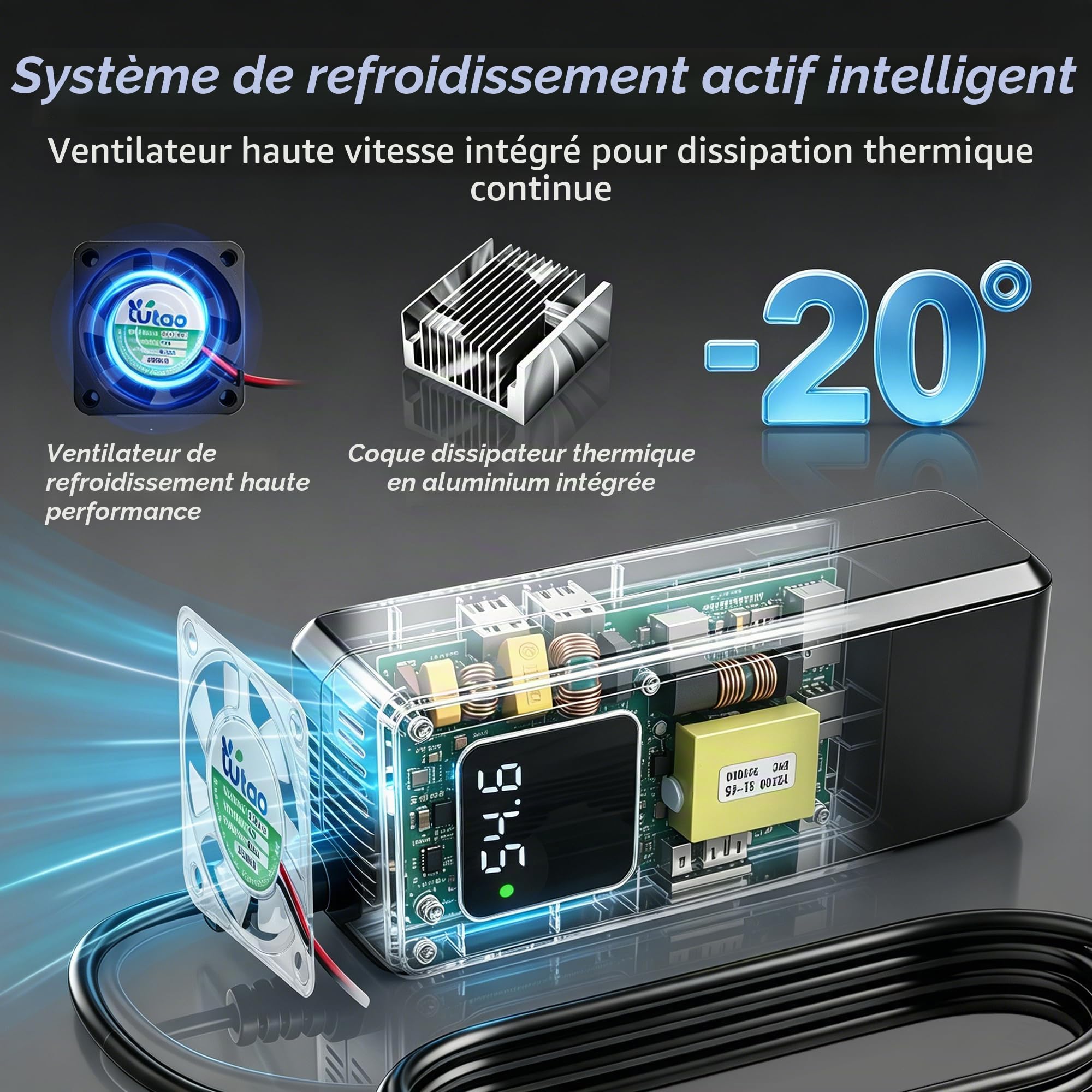 Chargeur 54,6V 4A pour vélo électrique à Batterie Lithium 48V | Compatible trottinettes électriques, ventilateur, affichage tension, protections multiples, connecteur GX16-3