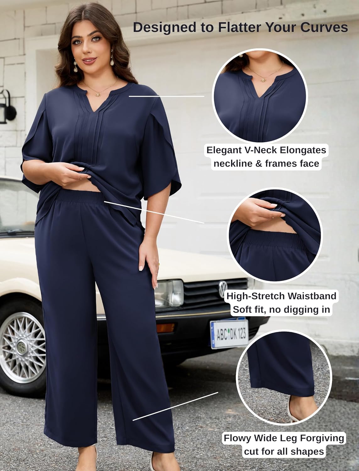 Theenkoln Plus Size Pantsuits:2 Piece Sets for Women Dressy 3/4 Sleeve Blouse Wide Leg Pant for Work Dinner Wedding Guest