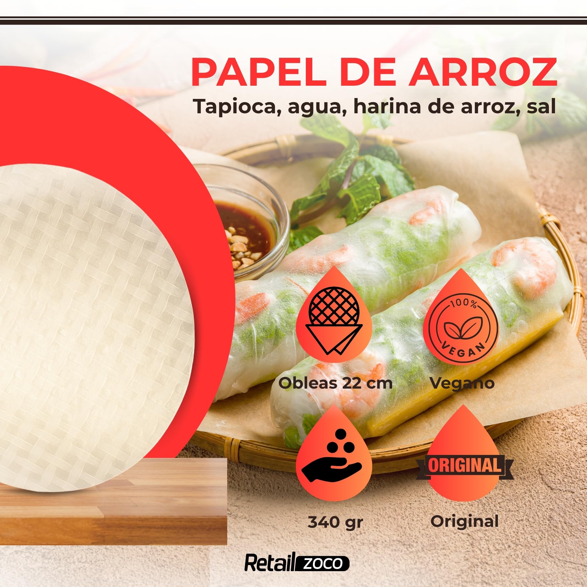 Papel de Arroz Comestible, Wafer Paper, Obleas de Arroz, Banh trang, Apto para Rollitos, Dumplings, Recetas Dulces, Saladas, para Freír, al Vapor,  340 Gramos, Sin gluten, Tamaño 22 cm - imagen 2