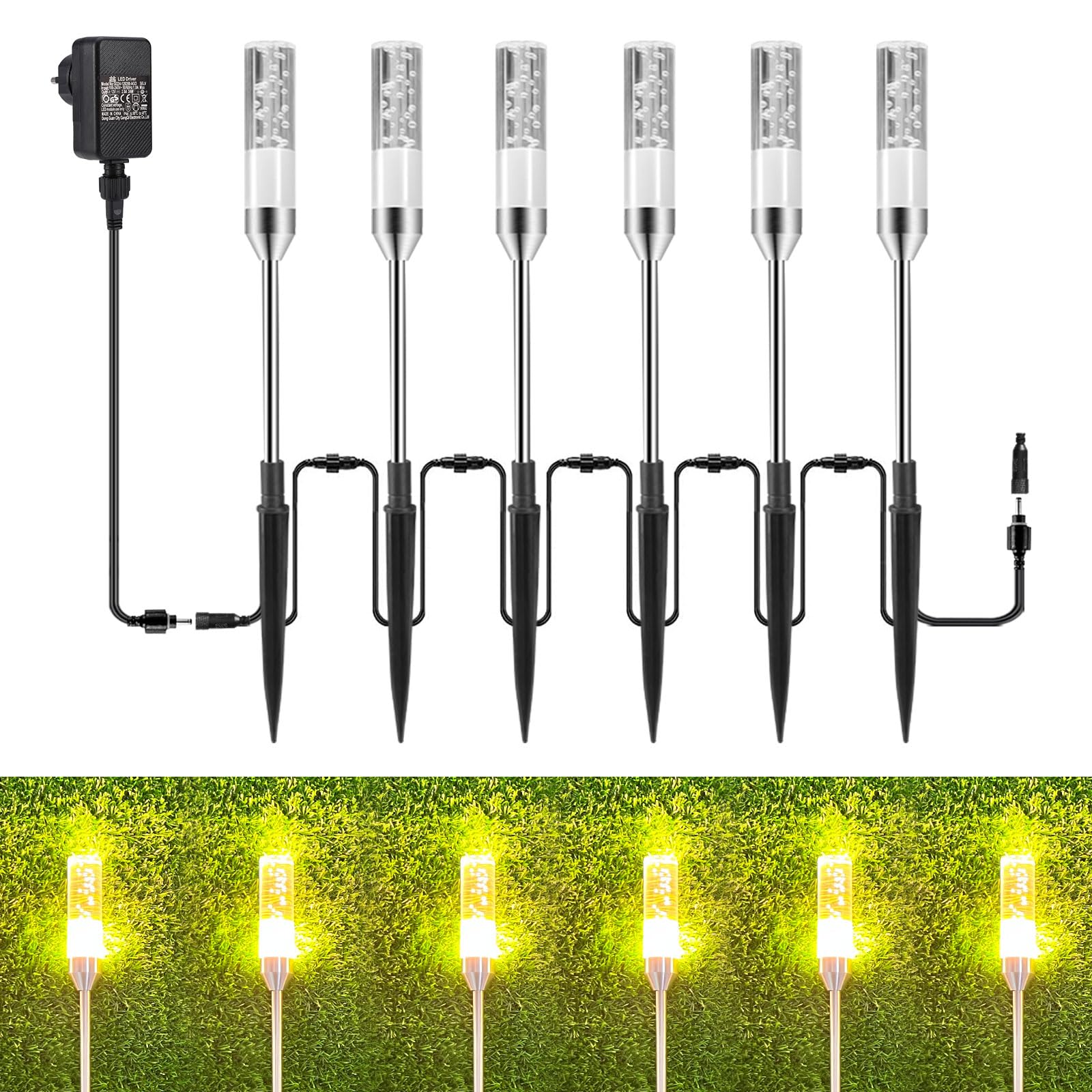 Gartenbeleuchtung 8M LED Gartenleuchte 570LM Luftblasen Leuchtstäbe 2700K Erweiterbar Gartenlampen mit Strom Erdspieß Kabel IP65 Wegleuchte Wegbeleuchtung für Außen Garten Yard 6er Set