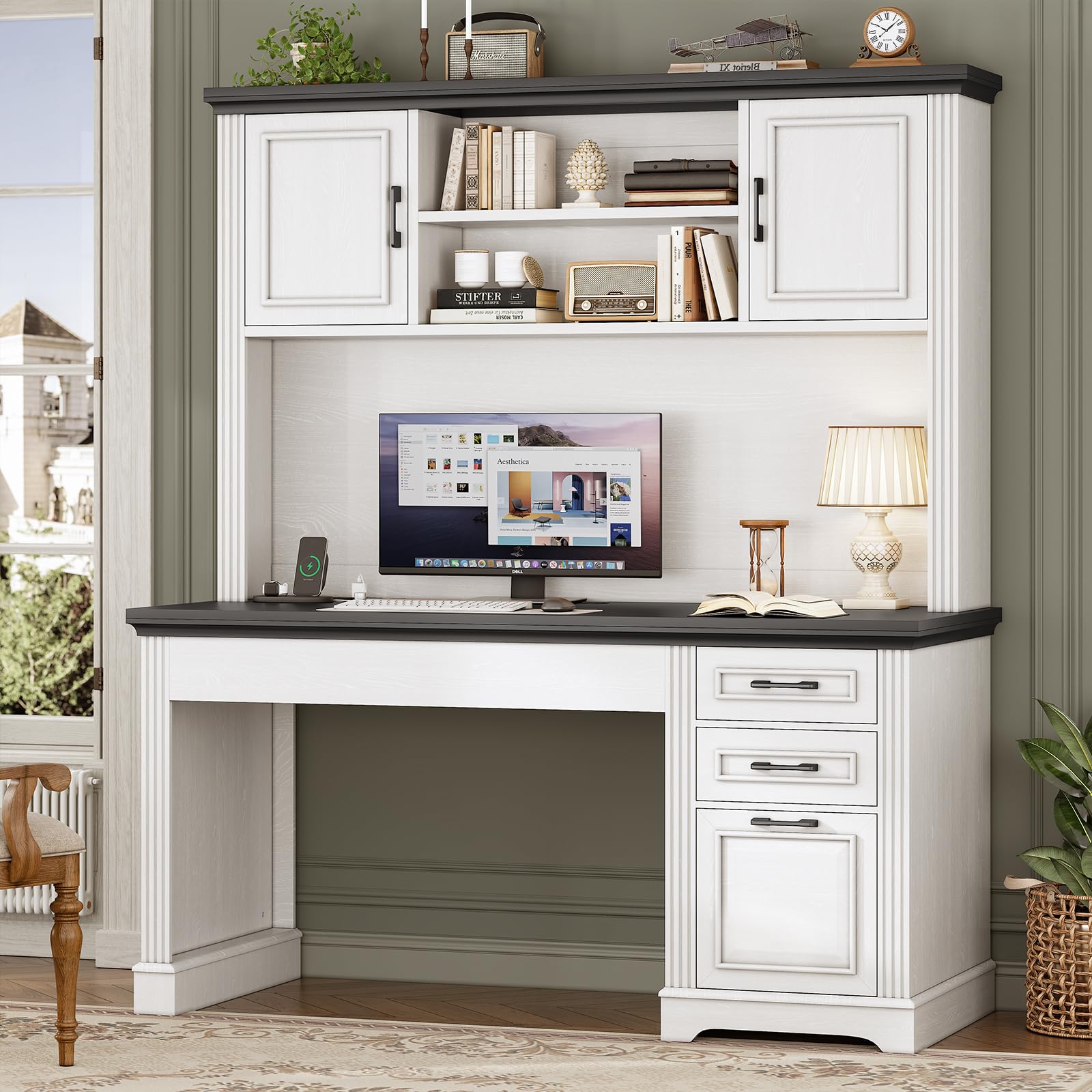 SEDETA Farmhouse Computer Desk with Hutch and 3 Drawers, 47.2" Executive Office Desk with Storage Drawers, Wood Desk with Power Outlet for Home Office