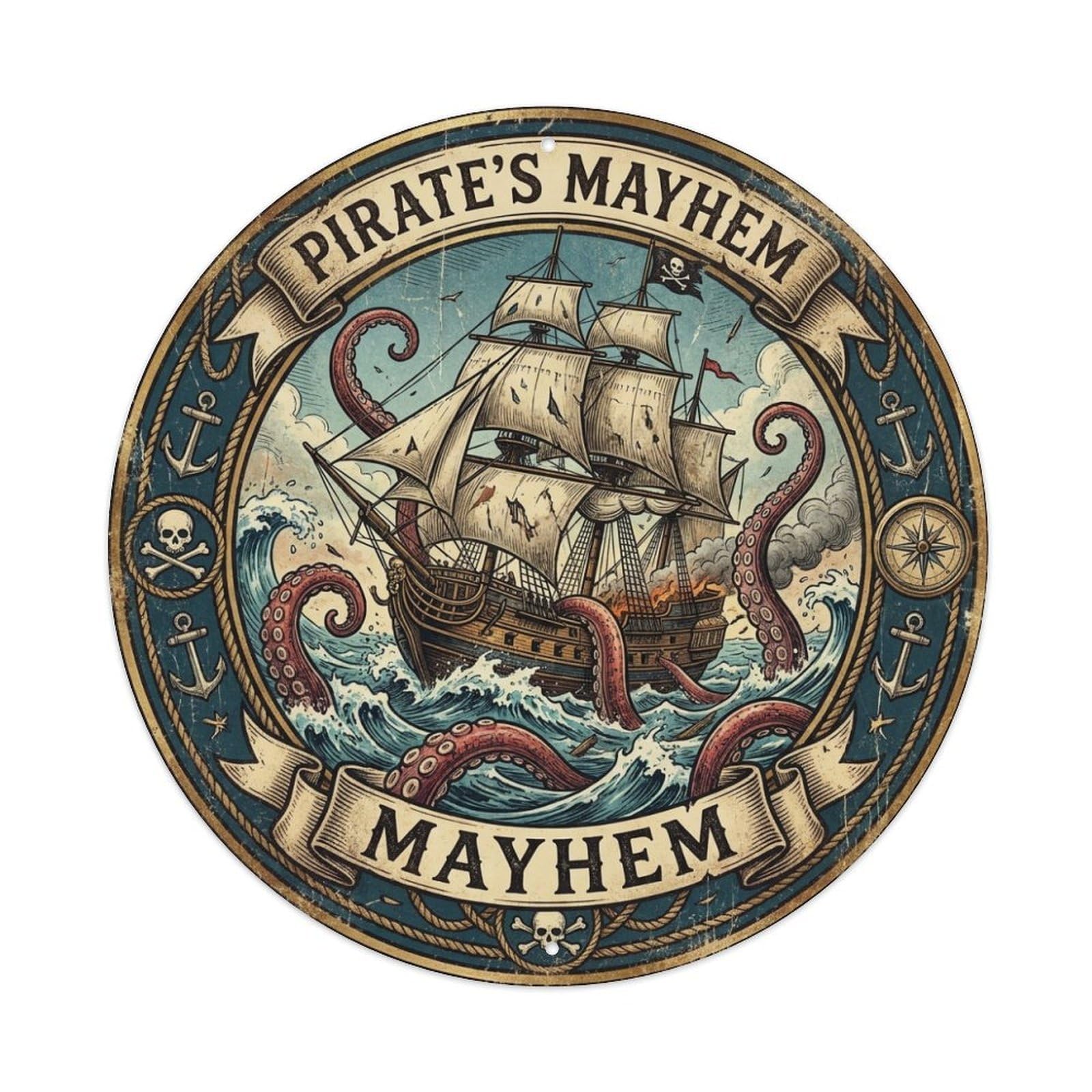 Mayhem Pirate Ship Octopus Waves High Seas Mark Metal Tin Sign