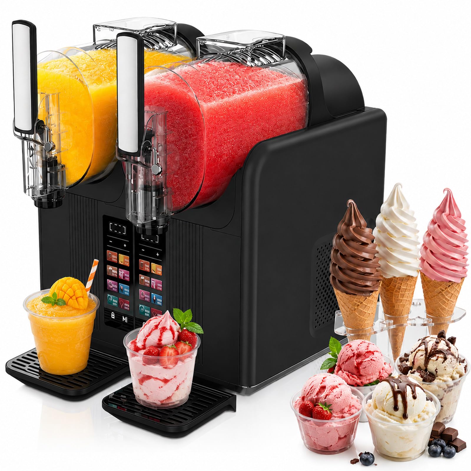 430W Soft Serve Ice Cream Machine & Dual Bowl Slushie Maker, 2L Commercial Slushy Machine, 7 Presets Automatic Smoothie Margarita Maker with Child Lock and LED Display, for Home Cafe Party Black