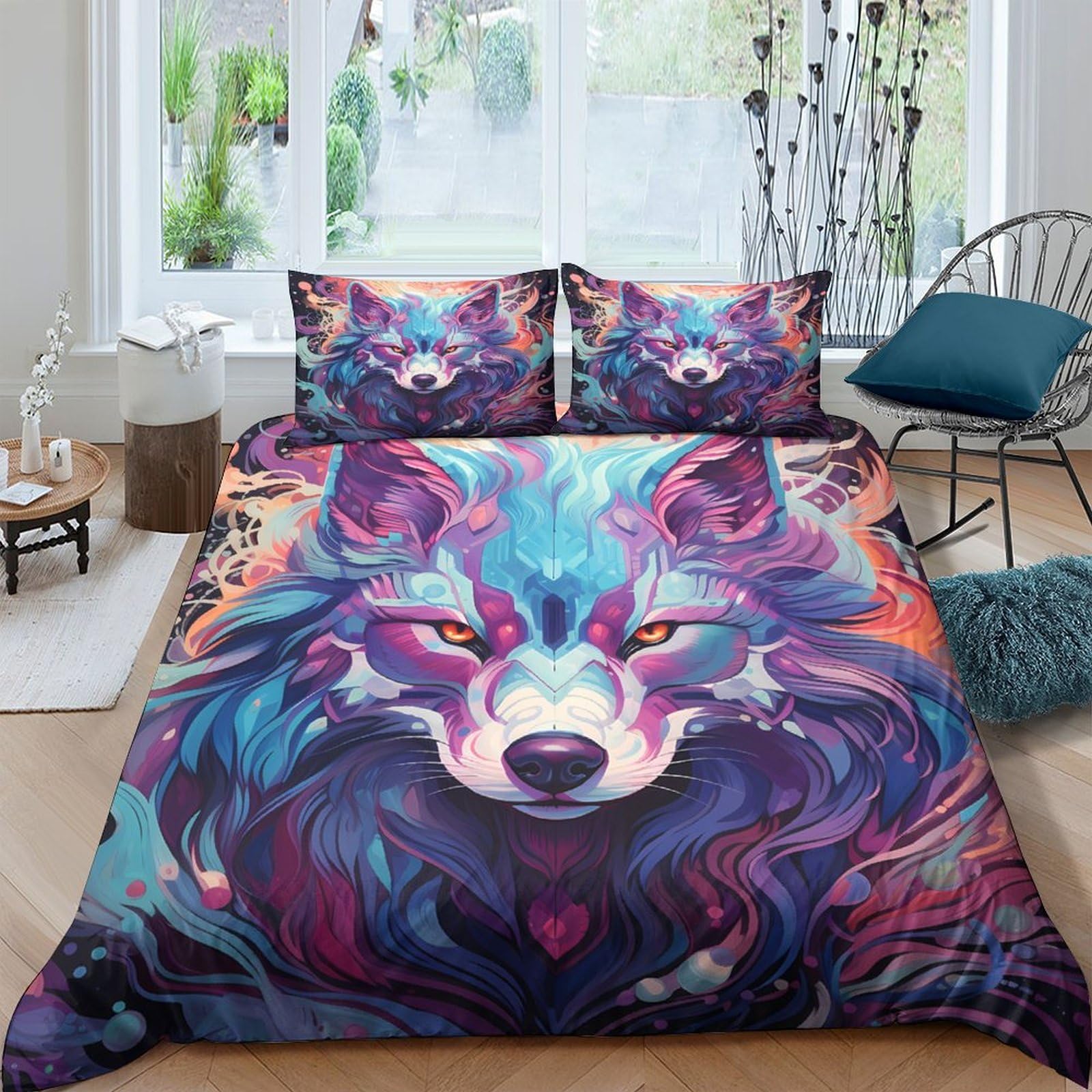 Ctjqhvkz Style-4 3D Printed Colorful Wolf Fitted Sheet Microfiber Soft Breathable Abstract Animal Bed Cover For Bedroom Dorm Mattress Decor Single（135X200cm）