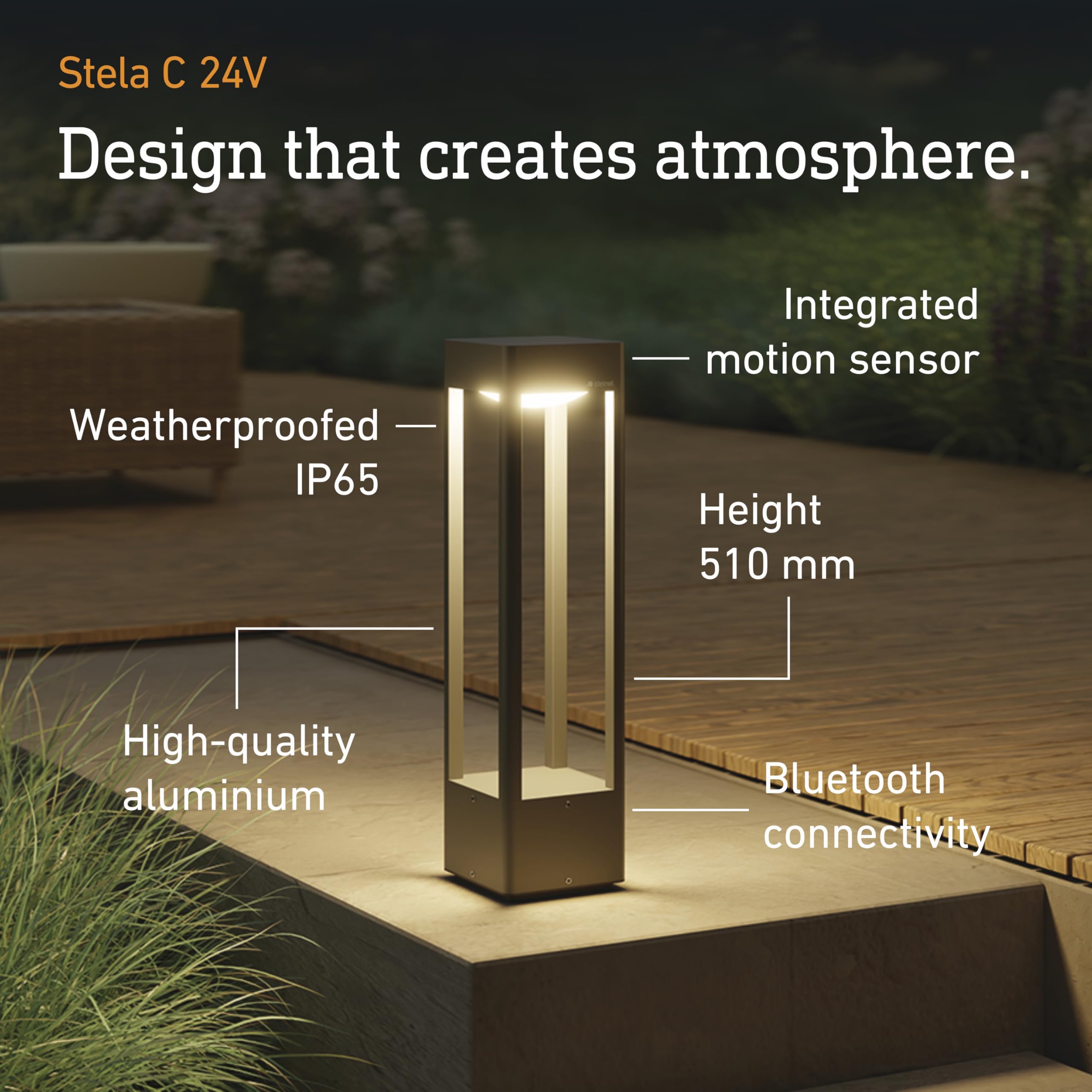 Steinel Lampa ogrodowa Stela C 24 V, 51 cm, lampa słupkowa RGBWW, 16 mln kolorów, czujnik zmierzchu, timer, sterowanie przez aplikację, Plug & Play, IP65, antracyt