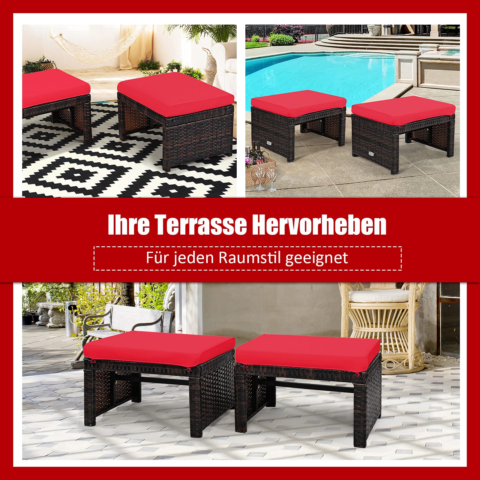 BETTARY 2x Rattan Ottomane Rot - Terrassenmöbel Mit Abnehmbaren Kissen