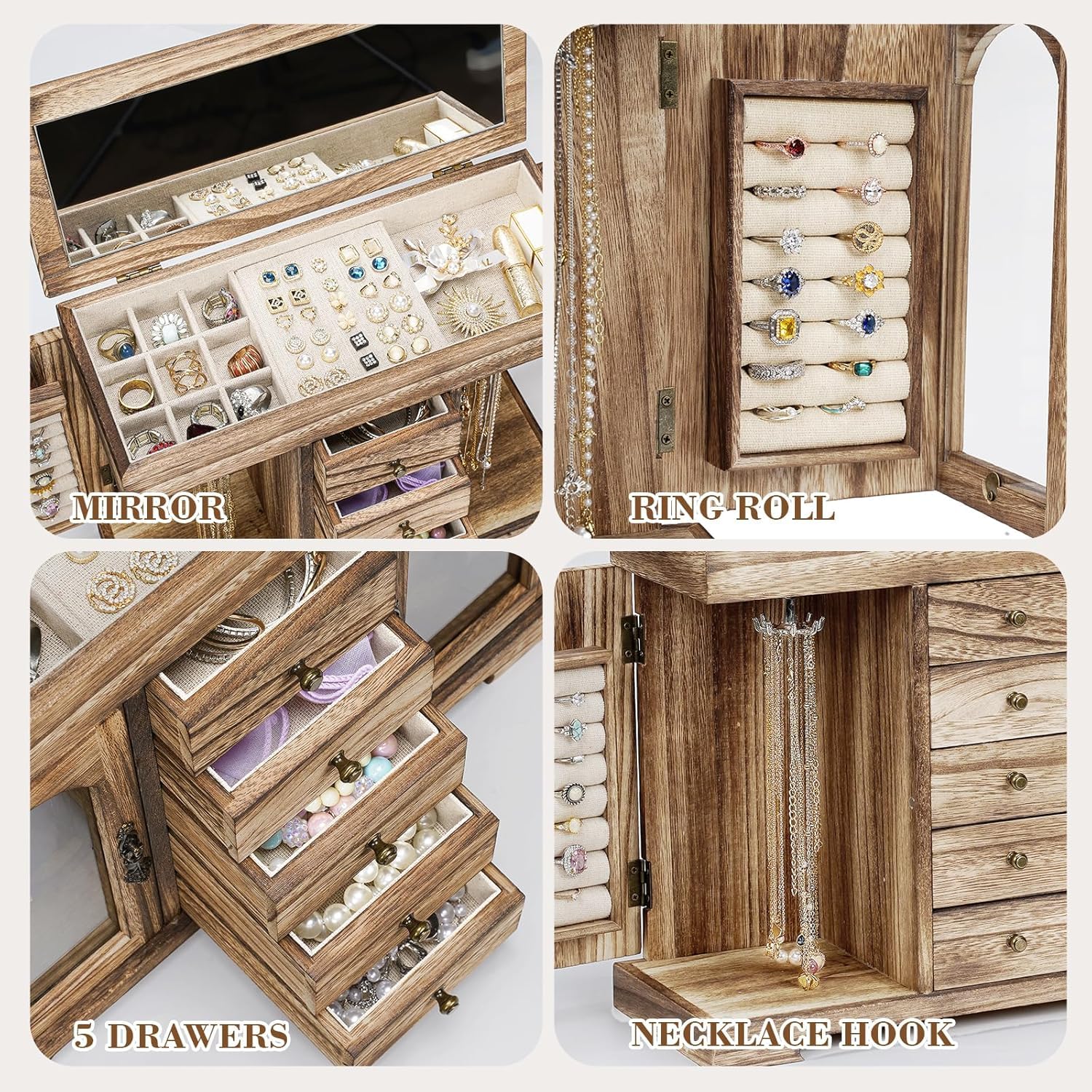 Schmuckkästchen für Damen, 6 Ebenen Rustic Aufbewahrungsbox, Groß Holz Schmuckaufbewahrung mit Spiegel, Schmuckkasten Organizers für Ringe, Ohrringe, Armbänder, Halsketten (Retro Brown)