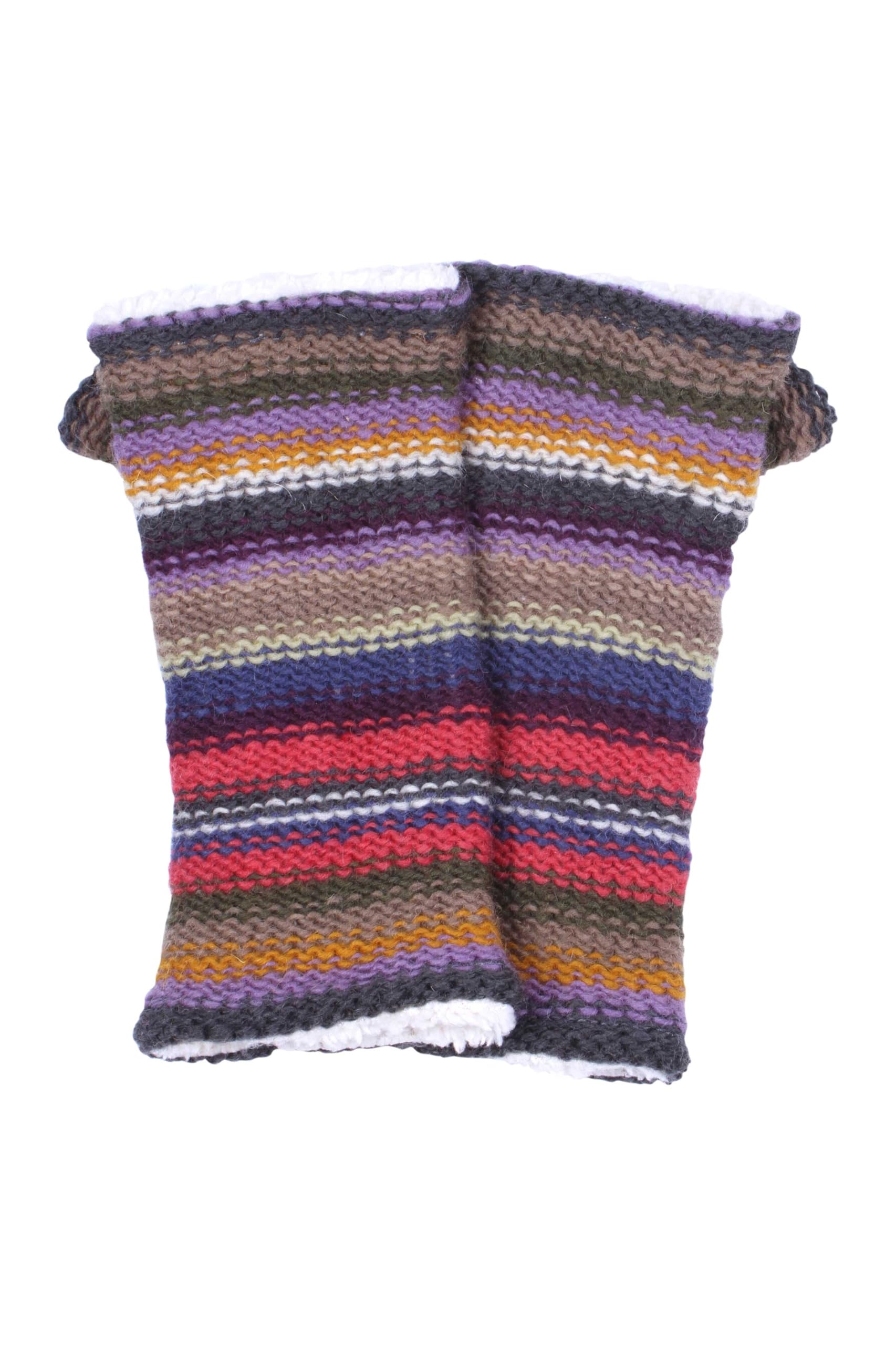Pachamama Women Soft Wool Hand Wrist Warmers Sherpa Fleece Lined Handknitted Contemporary Stripe Multicoloured One-Size Handmade Thumbhole Thermal Extra Warm Fair Trade