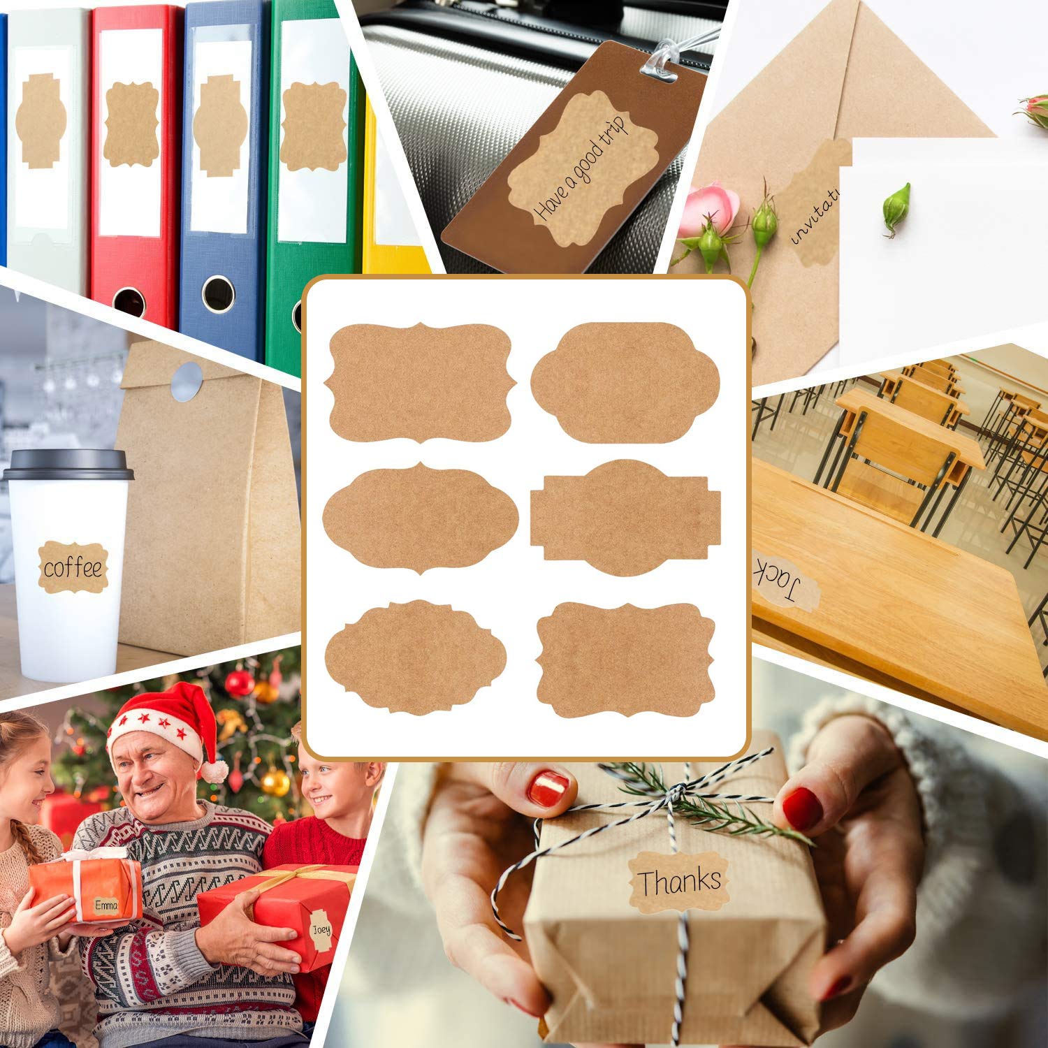 600 Pièces Étiquettes Kraft Autocollantes - 500 Autocollants + 100 Étiquettes Avec Cordon, 6 Formes, Pour Bocaux, Cadeaux