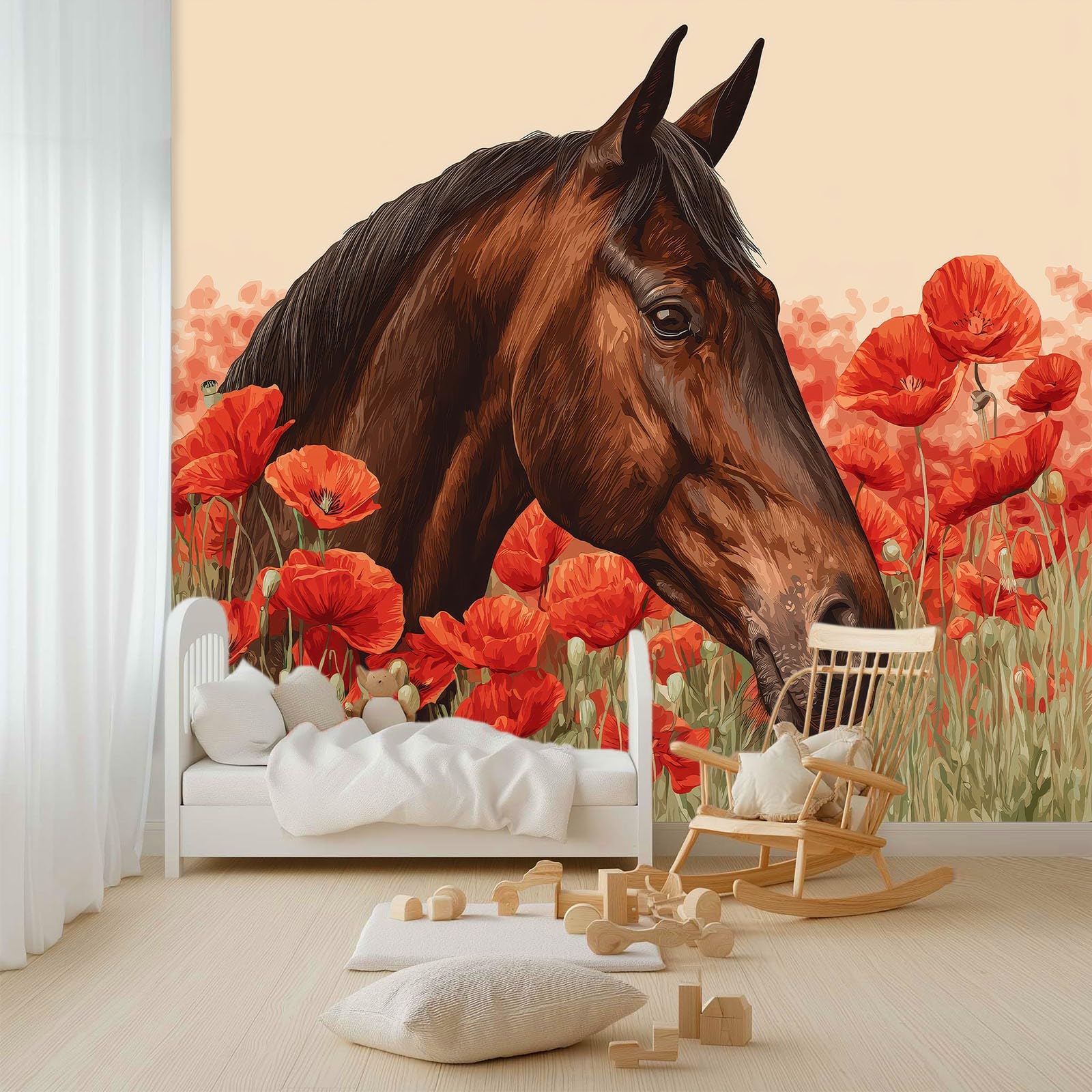 Générique Panoramiczna tapeta wiejska pola kwiatowe konie 3D 200 x 140 cm, włóknina XXL nowoczesna dekoracja ścienna salon sypialnia biuro pokój dziecięcy, beżowy