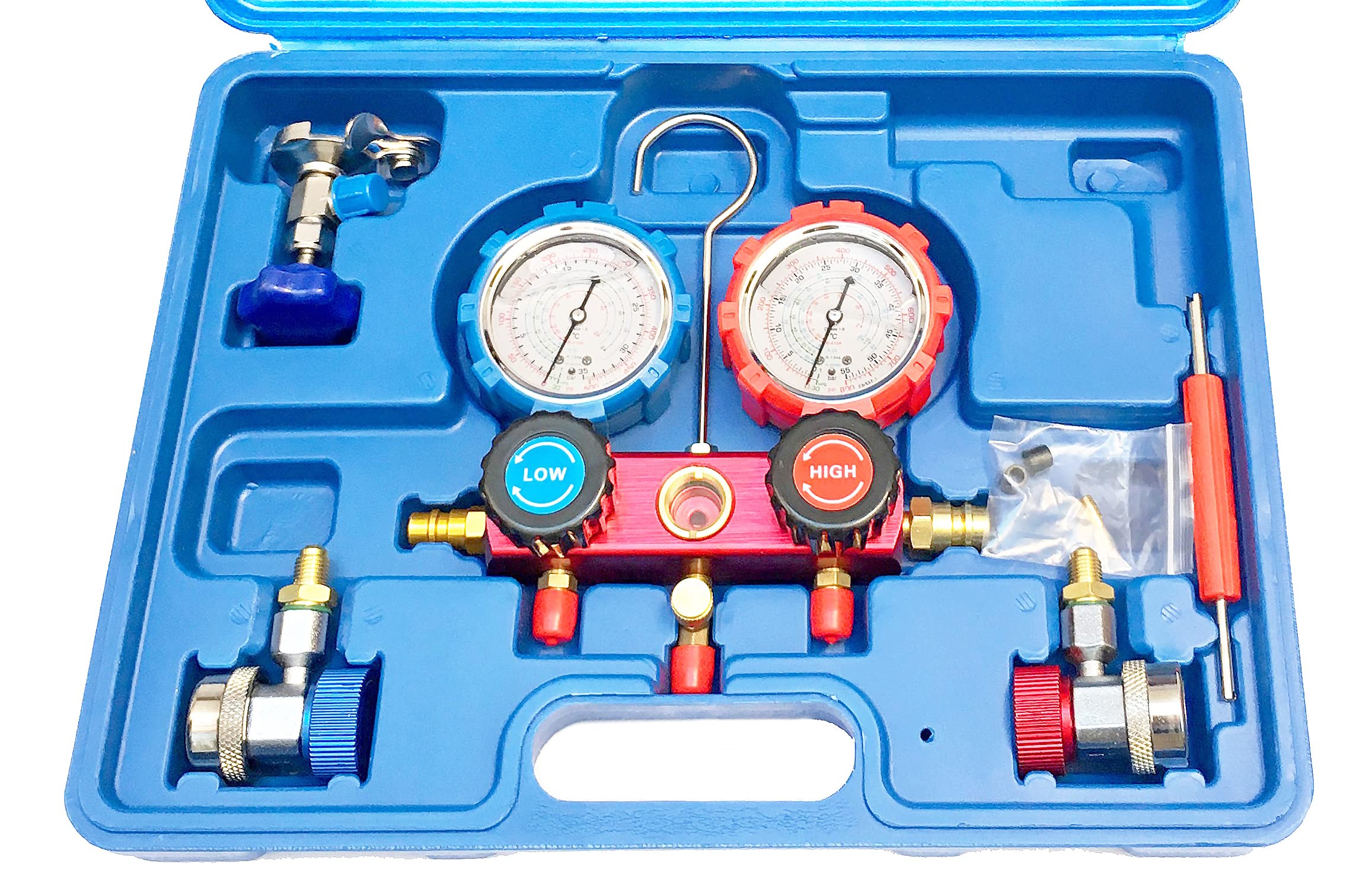 JOMAFA JUEGO MANOMETROS PARA AIRE ACONDICIONADO CON VALVULA PARA GASES R22, R134A, R410A, R404A carga, descarga y comprobación