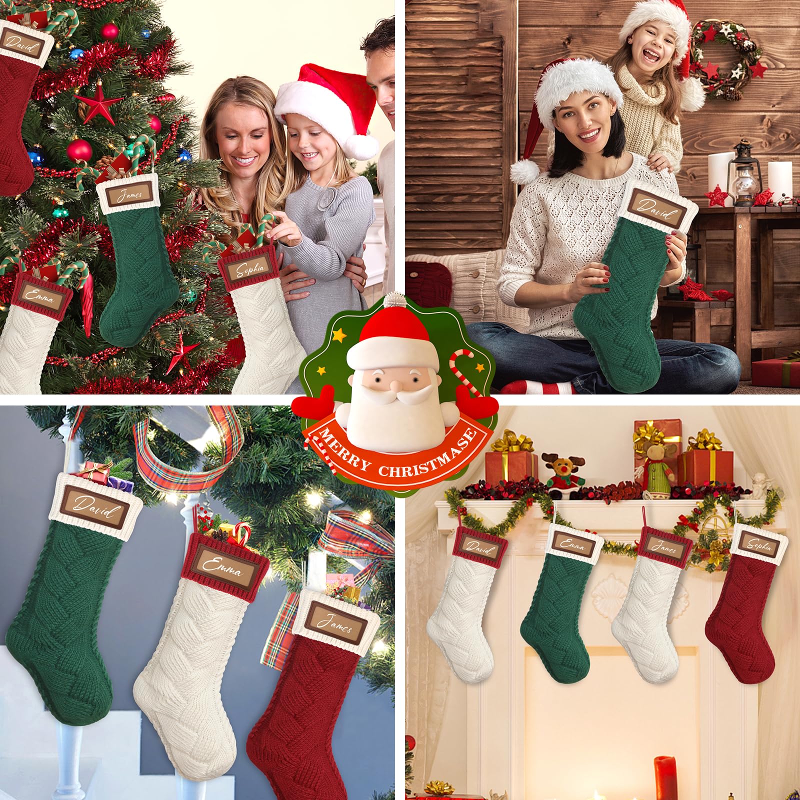 Dremisland Lot de 4 Chaussette de Noël personnalisée 46 cm Tricotés de Bas de Noël Classiques à Carreaux Grand Decorative Chaussettes Noel de Cheminée à Suspendre Xmas Sac Cadeau Sac de Bonbons