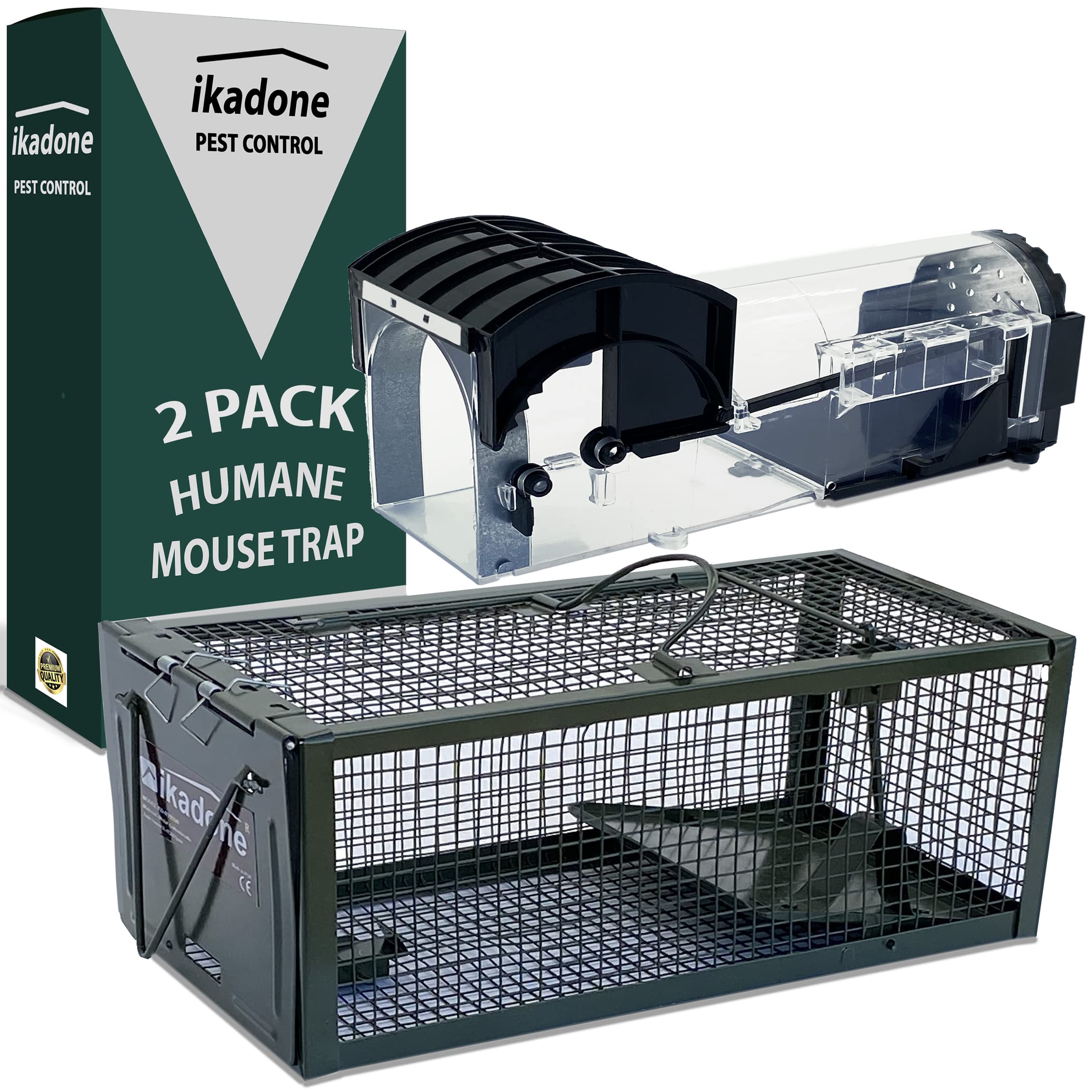 IKADONE Trampa Ratas, Trampa Ratones, 1 Ratonera de Metal para Ratas+1 de Plástico ABS Reforzada con INOX para Ratones, Guantes Incluidos Ratoneras Humanas Reutilizables Captura Vivos sin Matarlos