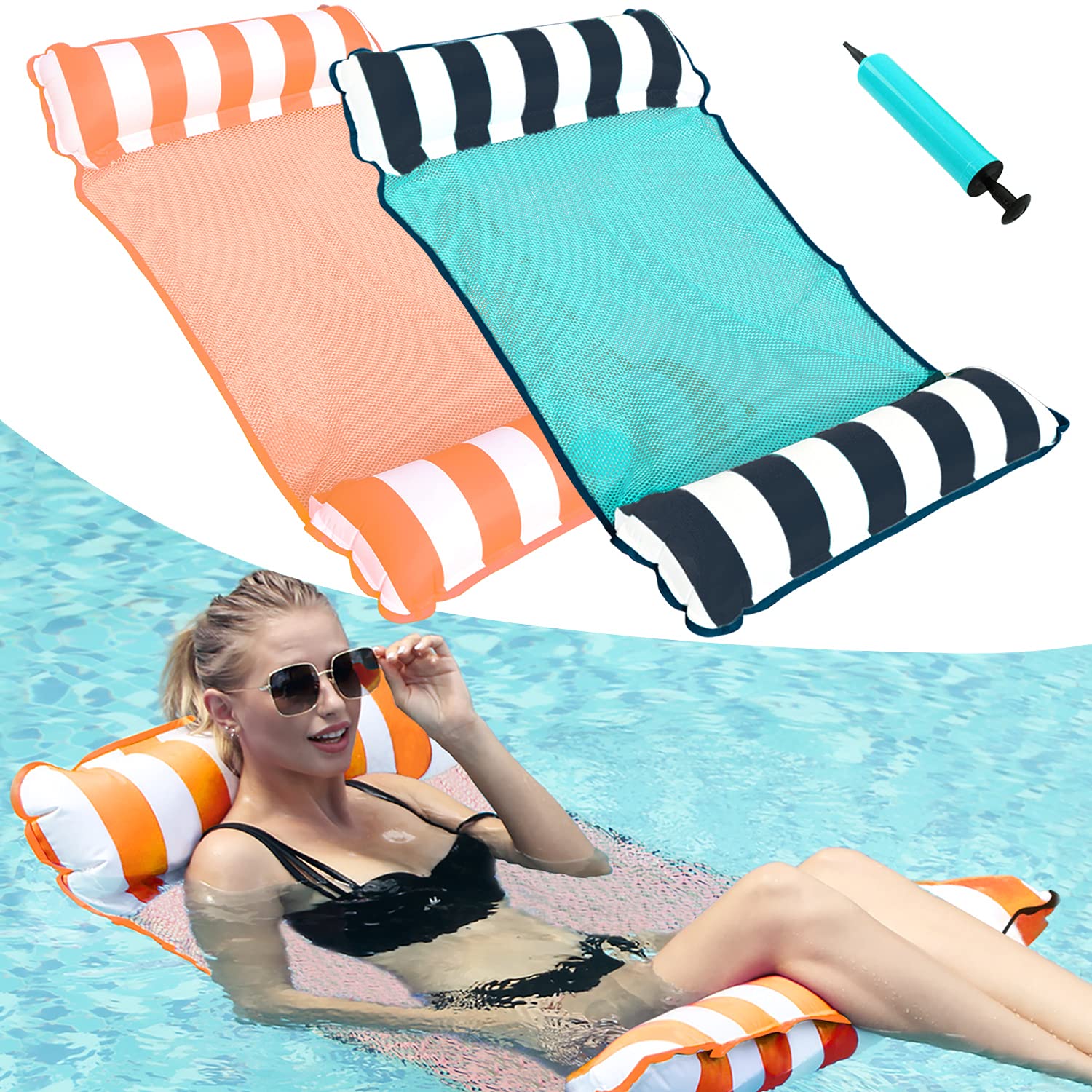 PARENTSWELL 2 Pack Water Hammock Float, Portable Pool Floats for Adults Floating Hammock for Pool Swimming with Air Pump
