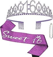 Vista 1 de 16th - Kit de corona y banda morada, decoraciones de fiesta de dulces 16, regalos y suministros para niñas (morado)