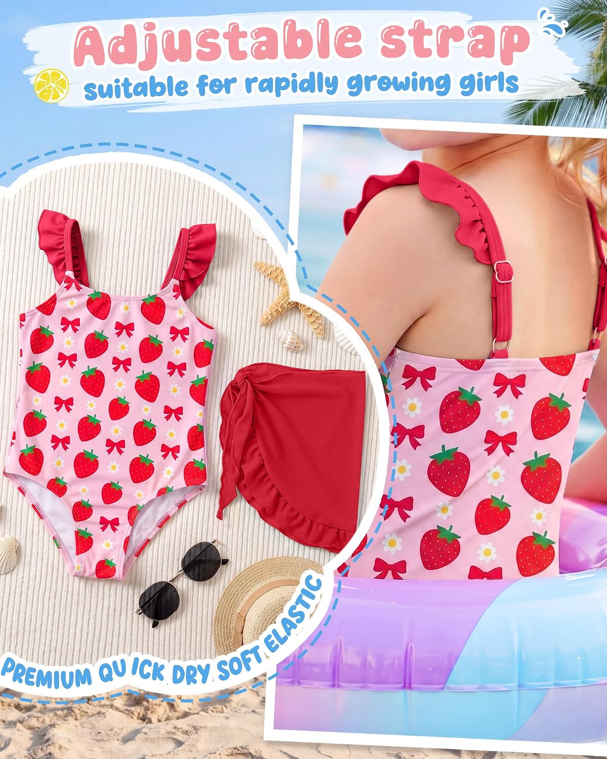 Xaatren Girls' One Piece Swimsuit Kids Quick Dry Ruffle Straps Bathing Suit with Cover Up Skirt Beach Pool Swimwear 2-8 Years
