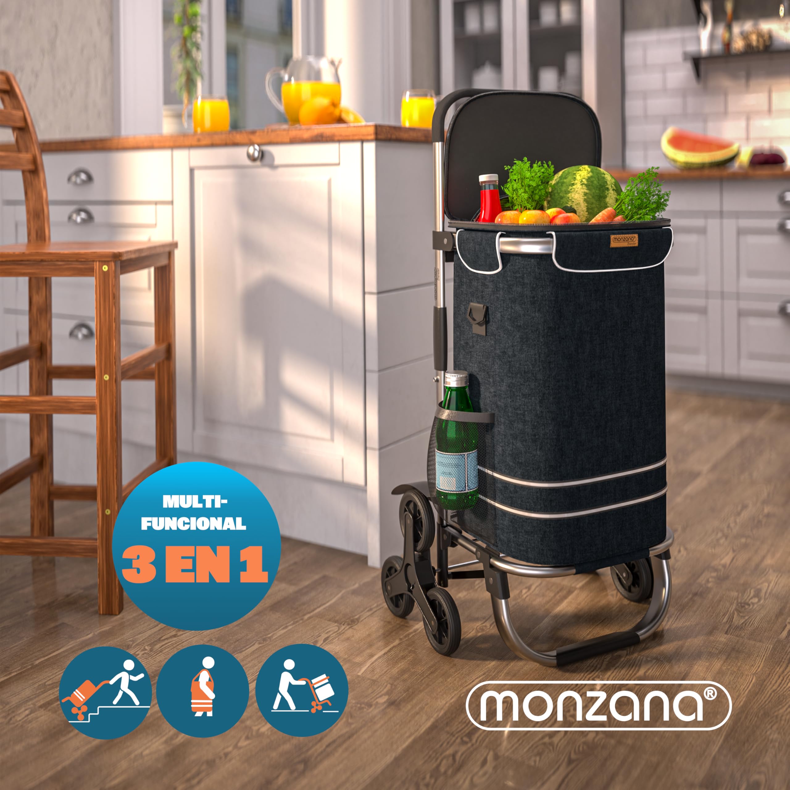 MONZANA® Carrito de Compras Plegable hasta 50Kg Bolsa Extraíble Compartimento Isotérmico de 10L 6 Ruedas 3 Bolsillos