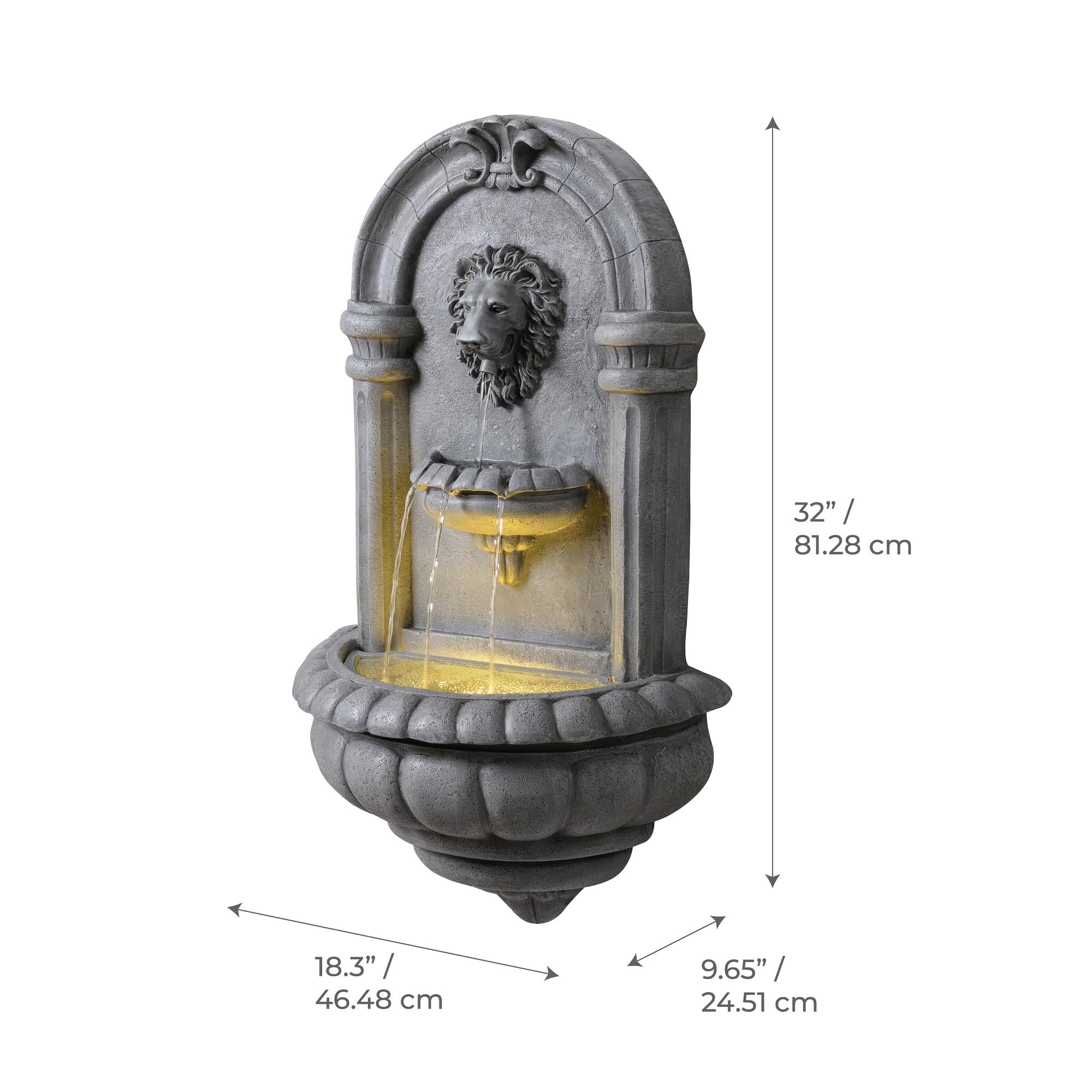 Teamson Home Fontaine Murale tête de Lion 81 cm Effet Pierre, éclairage LED intégré et Design Classique, Pierre Naturelle