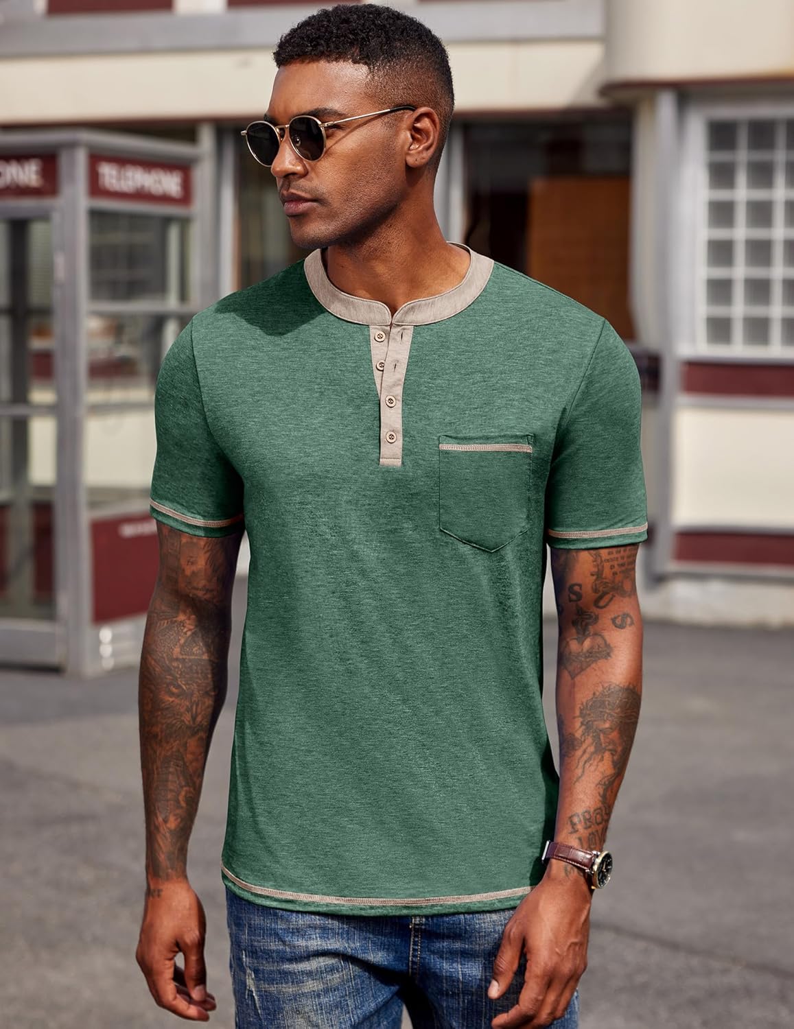 COOFANDY Mens Henley Shirts Short Sleeve Casual Button T-Shirts Basic Tee Shirts Summer Vintage T Shirts with Pocket - Image 2