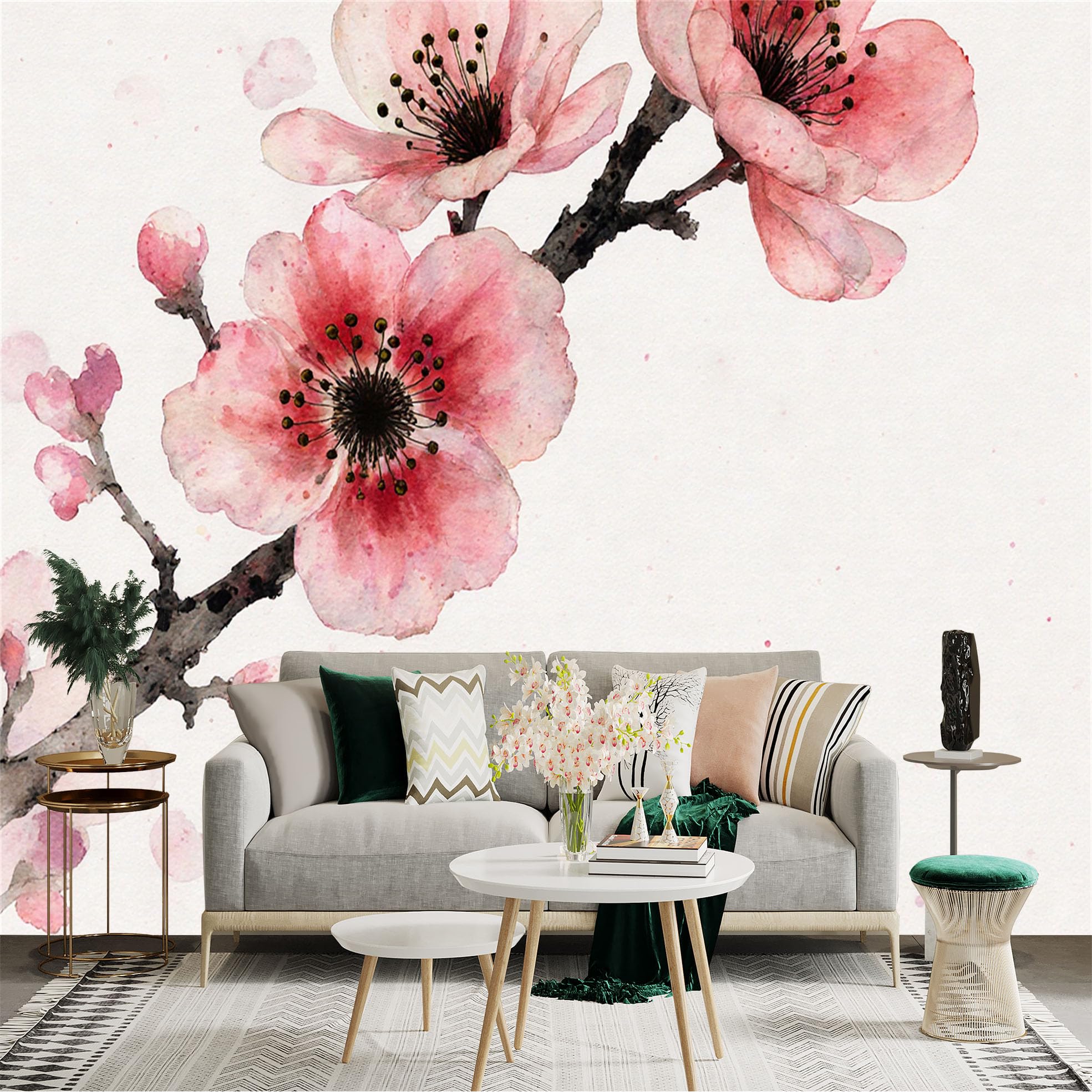 Custom Size Wall Sticker Mural， Watercolor Pink Cherry Blossom Branch with Petals， for wall Decoration， peelandstick wall Decals.