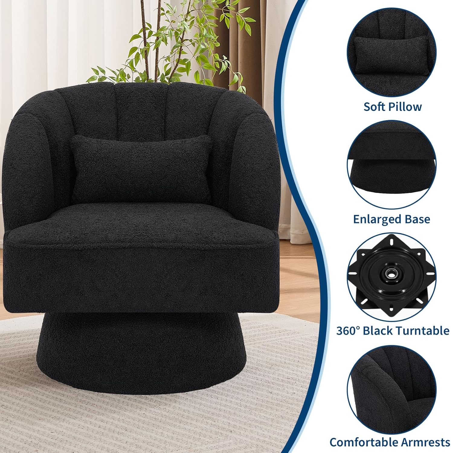 Garvee Ultra-Plush Swivel Accent Chair, 360° Barrel Lounge Chair with Cloud-Like Padding & Modern Striped Backrest, Teddy Fleece Upholstered Round Armchair for Living, Bedroom Reading Nook - Black