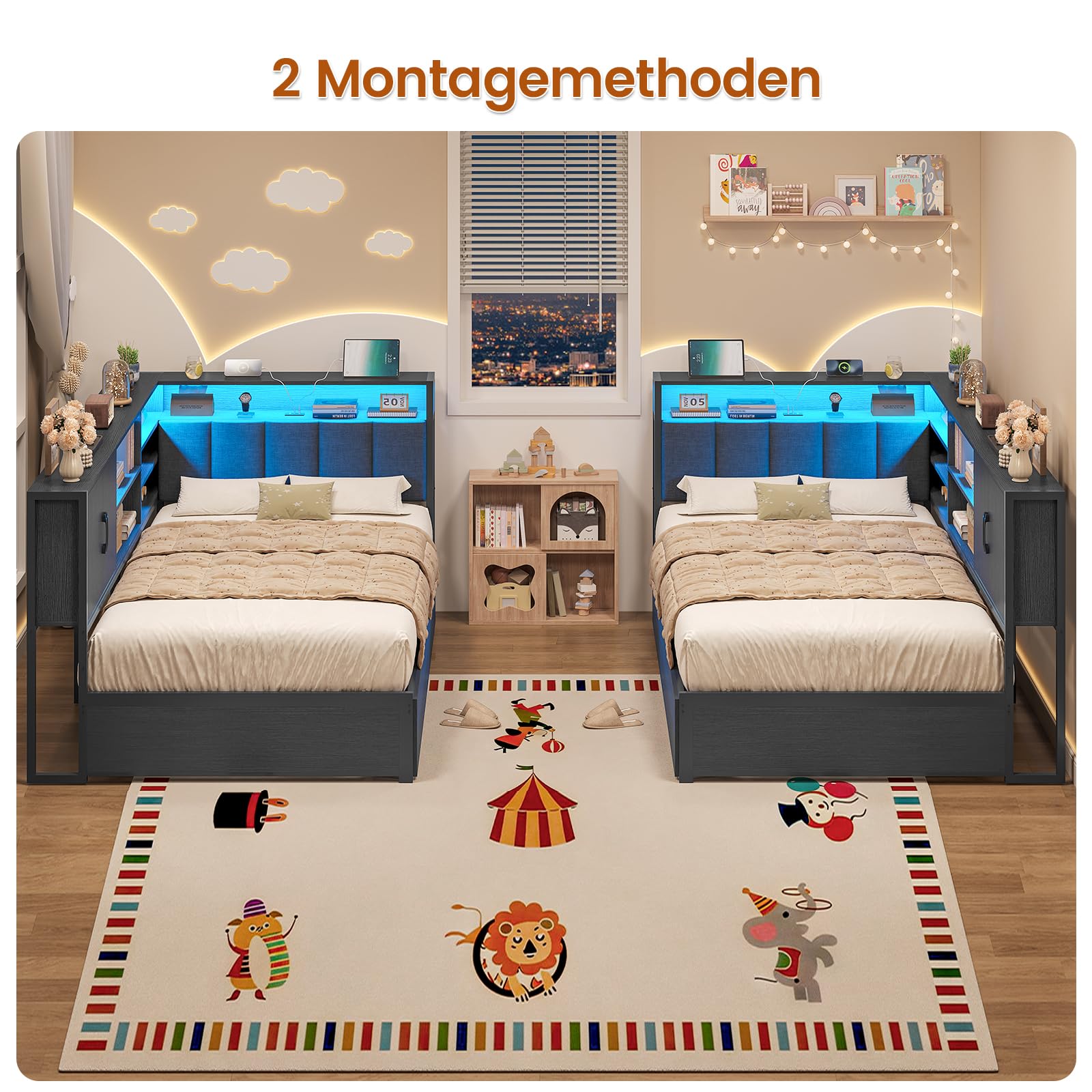 KIMENICH Polsterbett Schlafsofa 90x200 mit LED-Beleuchtung, Ladestation, Tagesbett, Jugendbett mit 2 Schubladen und Lattenrost aus Metall, Kopfteil mit Stauraum, Offene Regale, Schrank, Schwarz