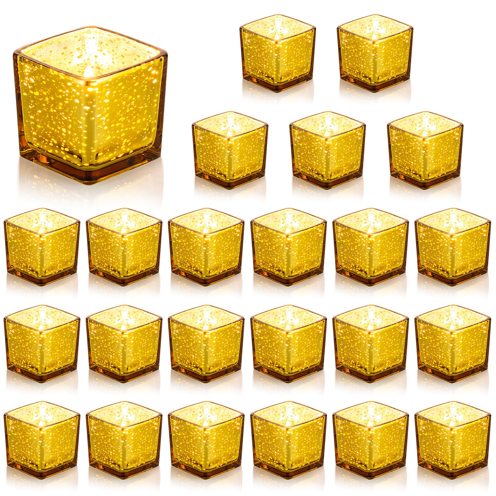 Nuptio Portacandele Oro 24 Portacandele Votive di Vetro Sfuse, Piccole Candele Galleggianti Quadrate per Camera da Letto, Soggiorno, Matrimoni, Ricevimenti, Centrotavola, Feste di Compleanno