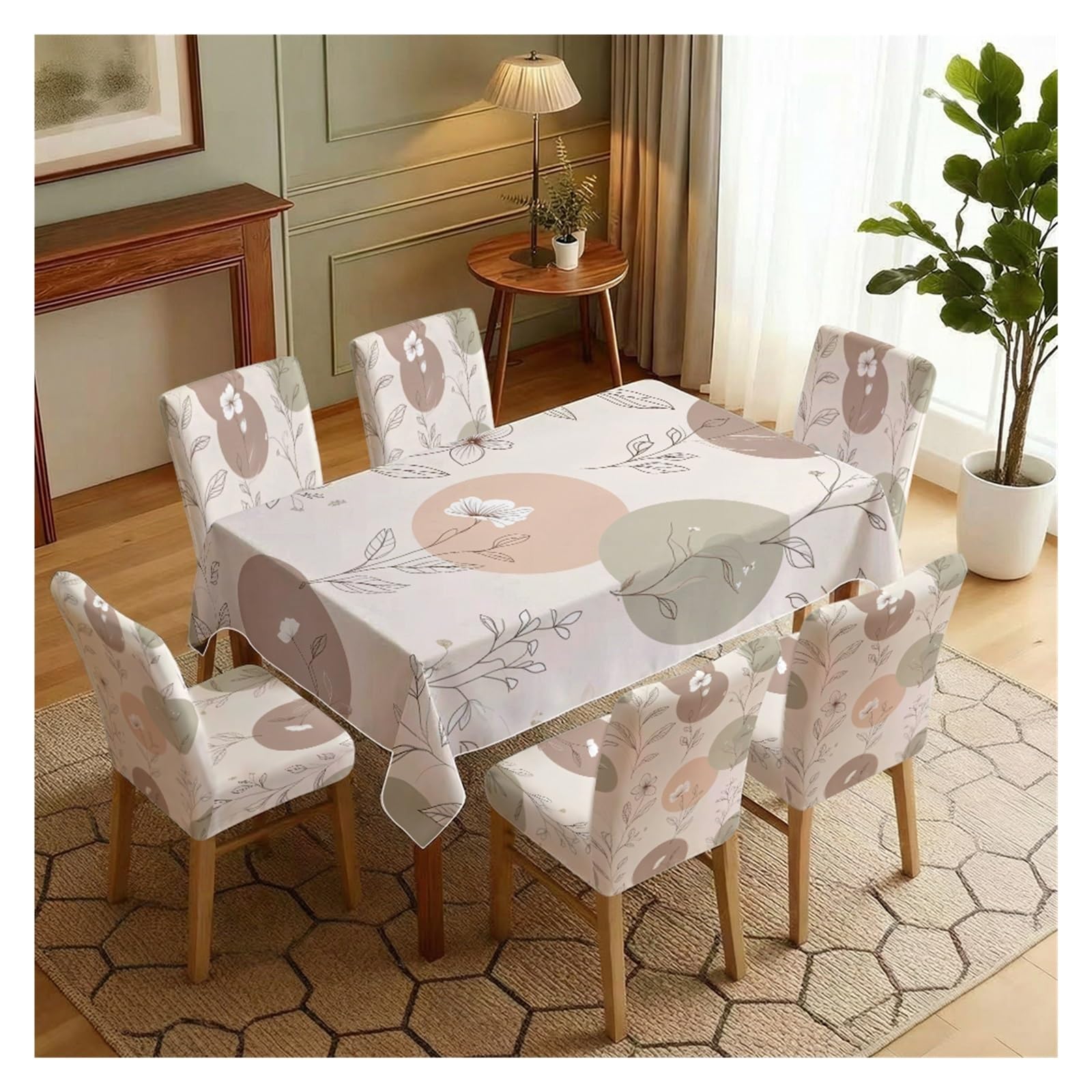 KXUAUV Stretch Dining Chair Slipcover & Tablecloth Set, Neutral Geometric Line Art Leaf Floral Print, 5/7 Pack, Minimalist Boho Home Decor Party Decor(7pcs Set: Tablecloth+Chair Covers)