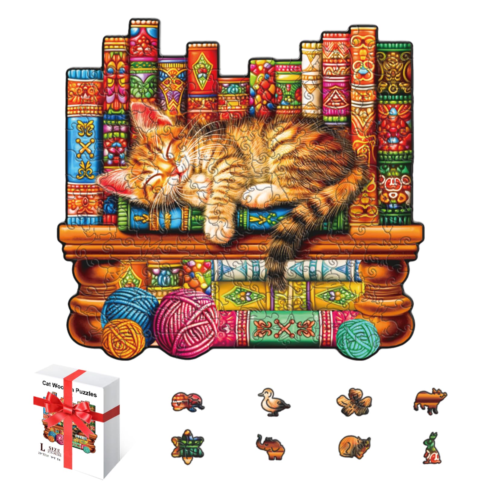 GLASSWINDS 200 Pieces Cat Wooden Puzzles for Adults, 11.8x11 Inches Snoozing Cat Puzzle for Adults, Unique Wood Puzzle, Thanksgiving Puzzles