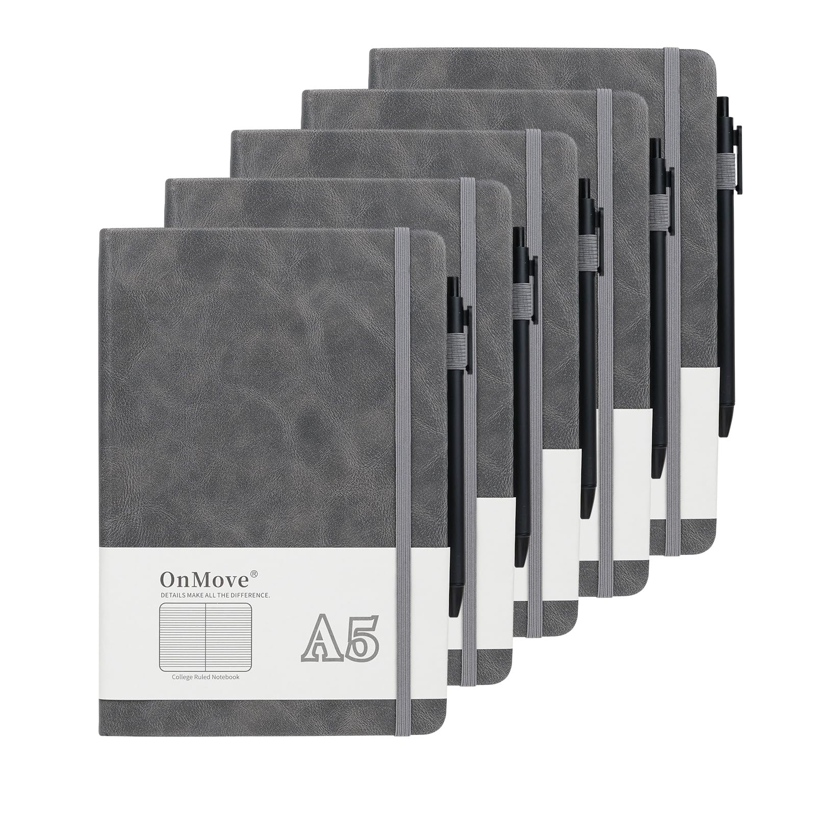 OnMove Notebooks Journal for Women Men 5 Pack Bulk Leather Hardcover with Pen Holder A5 160 Pages 100 GSM Thick Paper for Work School Lined Gray