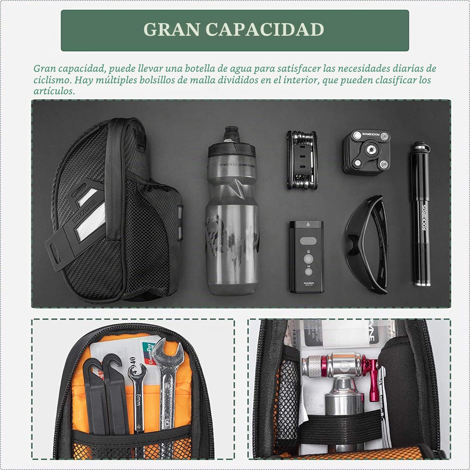 ROCKBROS Bolsa Sillín de Bicicleta, Alforja Asiento Grande Multifunción para Bidón, para MTB Bicicleta Carretera