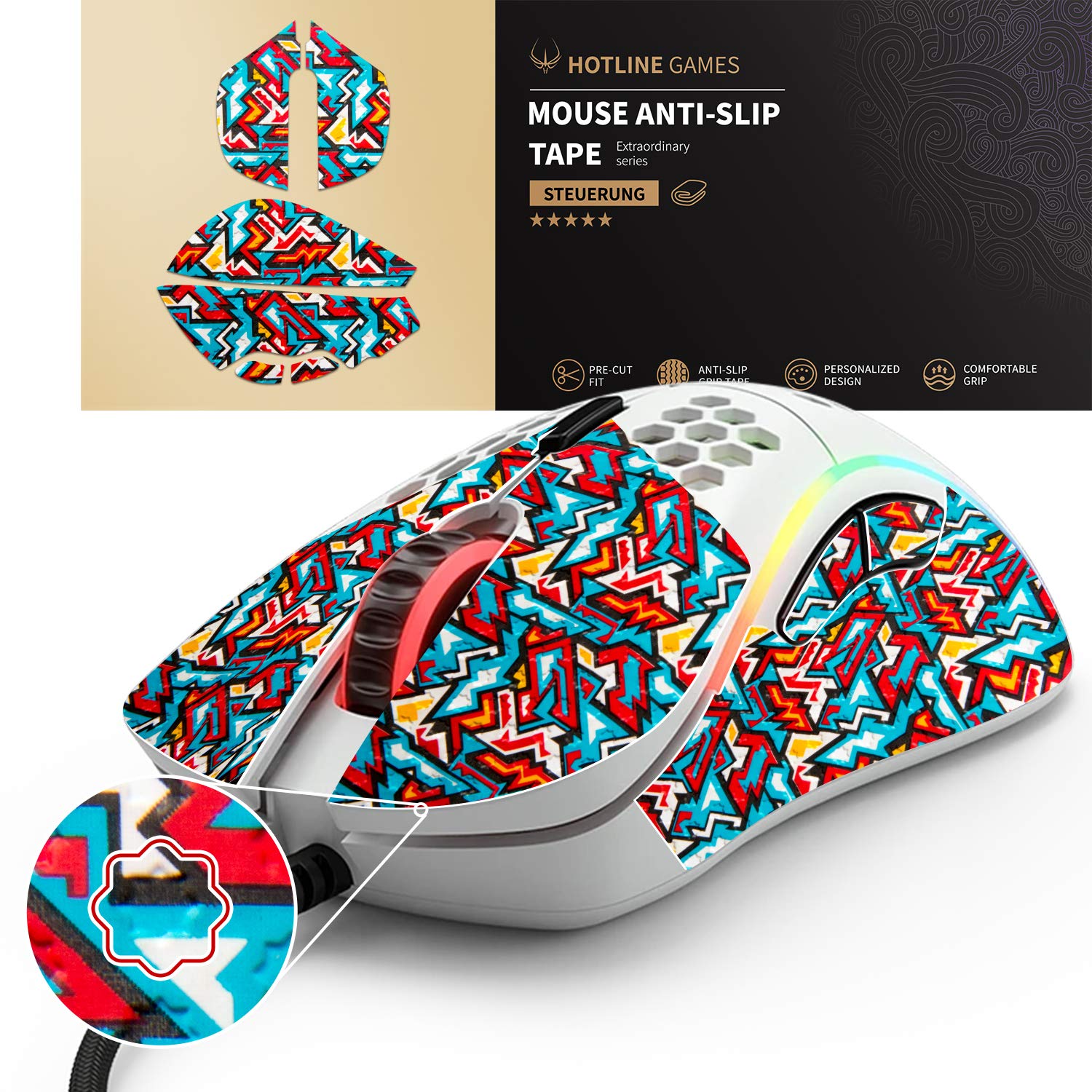 Hotline Games Colorful Mouse Anti Slip Grip Tape Compatible with Model D Gaming Mouse Skin, Non-Fading,Sweat Resistant,Cut to Fit,Easy to Apply,Color F-01