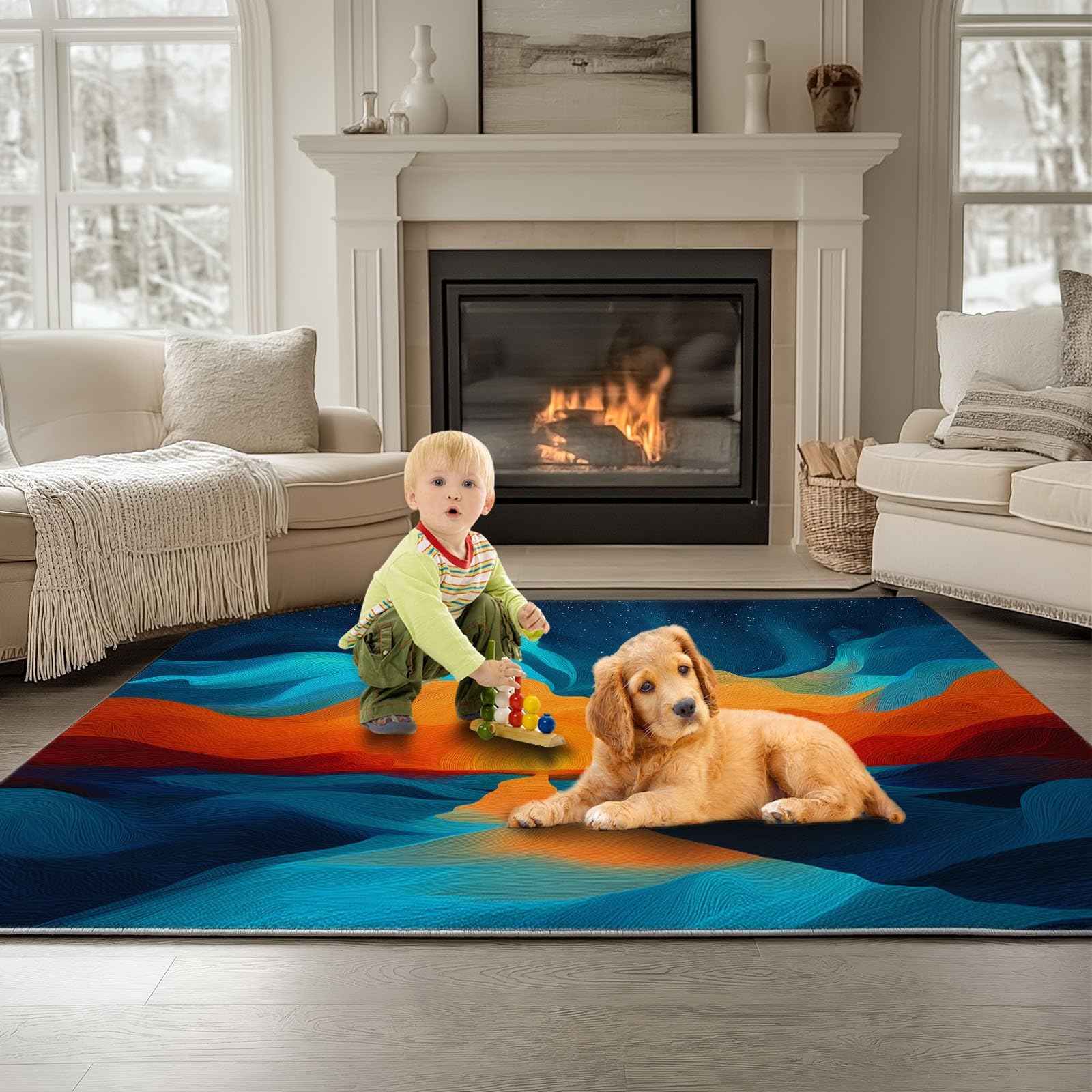 Tapis De Salon 160 x 230 cm, Tapis Lavables Vagues Océaniques Coucher De Soleil Chemin avec Dos Antidérapant, Doux et Facile d'entretien, pour Cuisine Salle à Manger Bureau et Chambre Art Abstrait