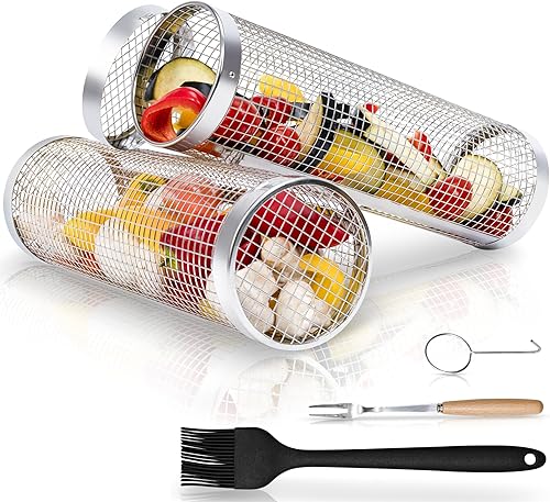 Juego de 2 cestas enrollables para parrilla al aire libre, accesorios de huevos verdes grandes, incluye tenedor, gancho y cepillo de aceite, acero