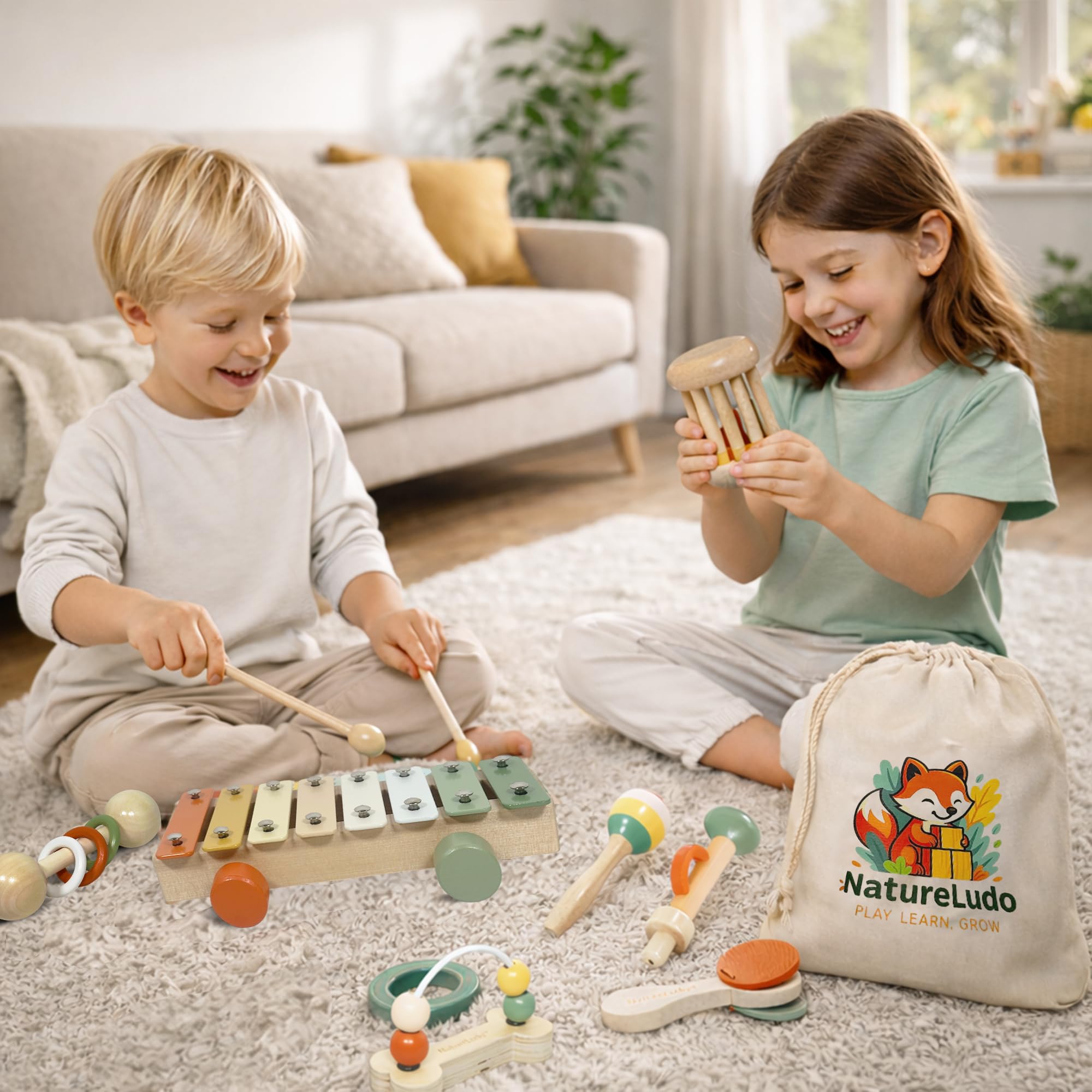 Instruments de Musique Enfant en Bois - 7 Pièces Montessori | xylophone maracas bébé - idée cadeau noël et anniversaire dès 3 ans
