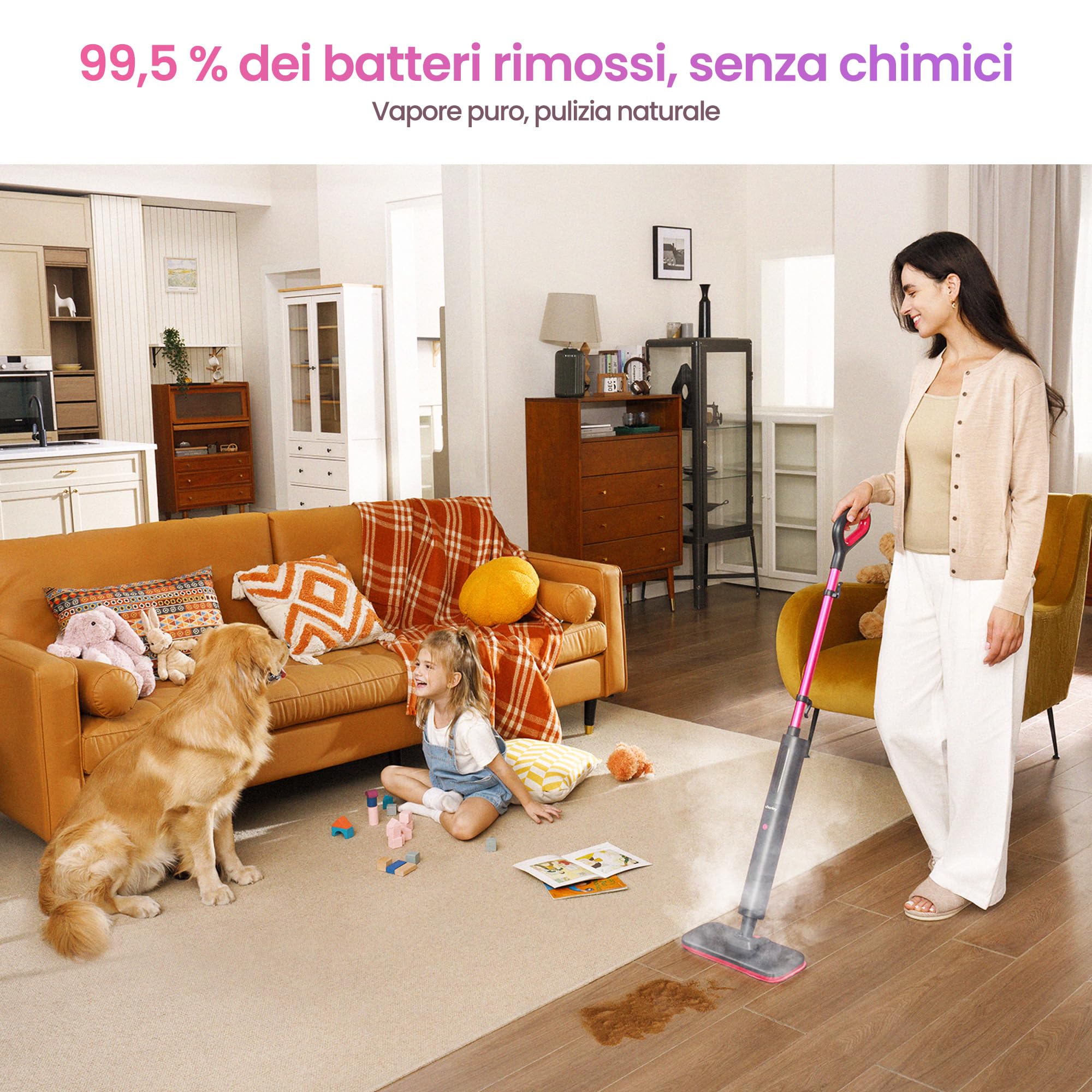 Schenley scopa a vapore – pronta in 10 s, pulizia senza chimici per pavimenti duri, piastrelle e laminato, panni lavabili, 3 livelli vapore per tappeti, autoportante