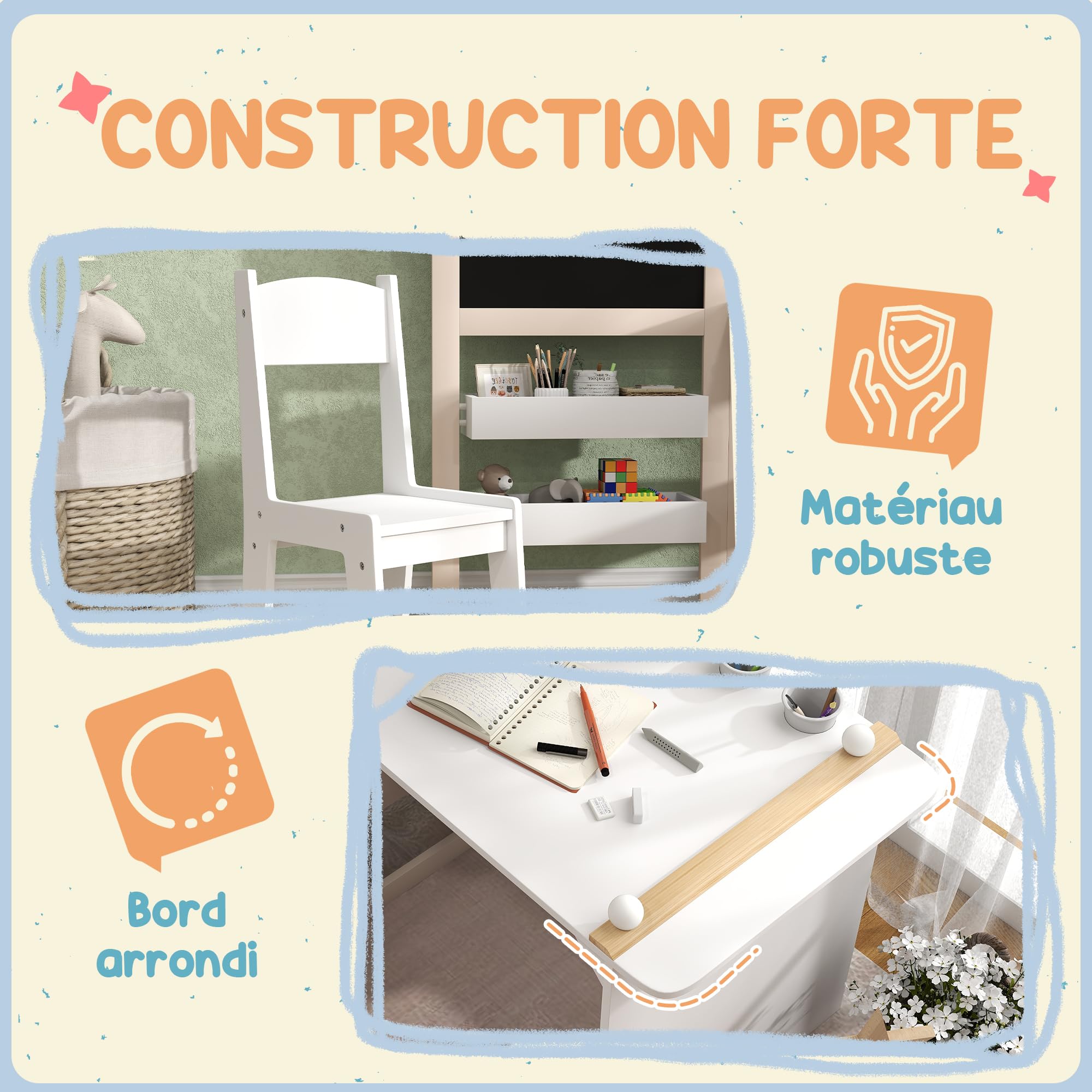 AIYAPLAY Ensemble Table Chaise Enfant 3 en 1 avec Chevalet Pliable, Table Activités et Jeux avec Rangement, 3-8 Ans, Blanc