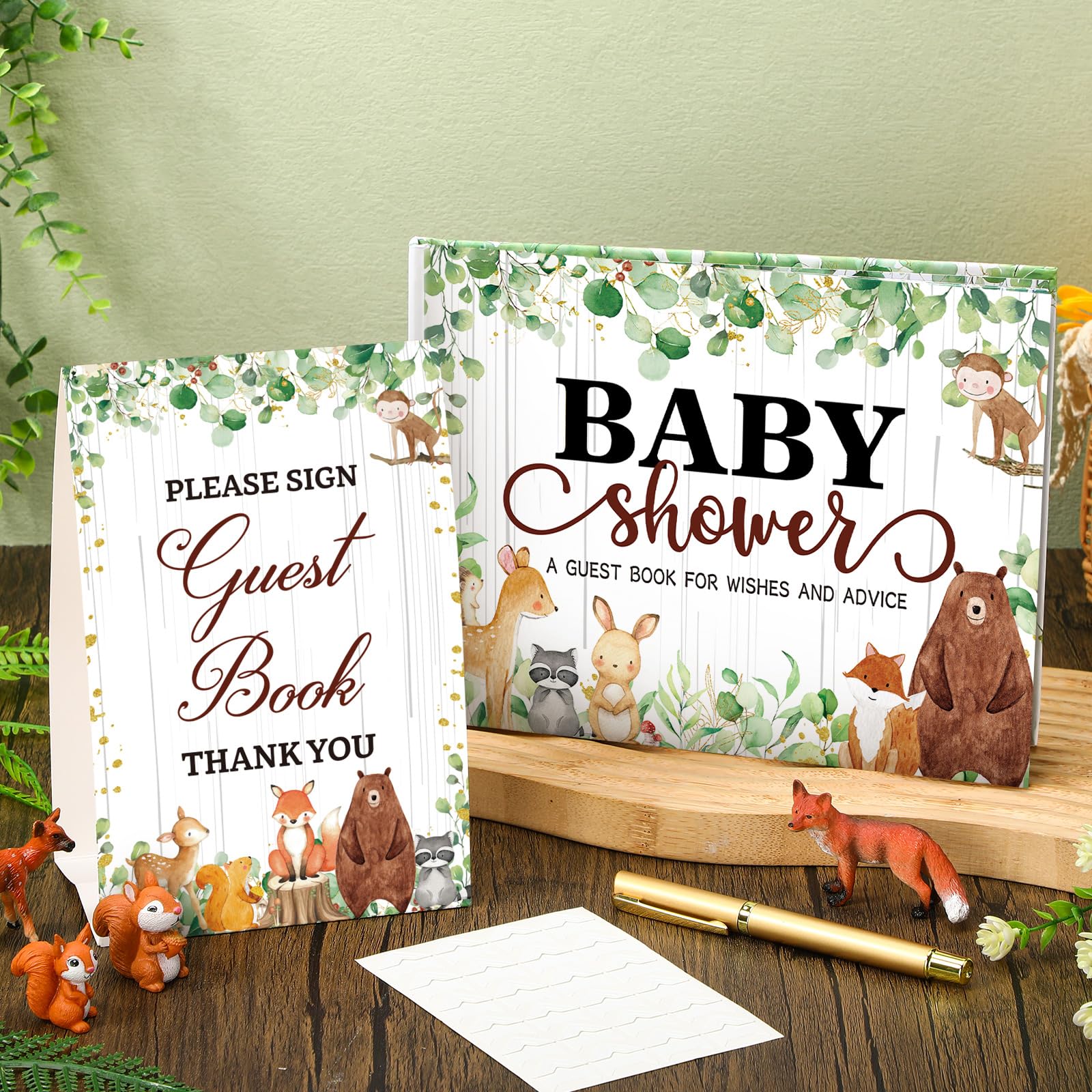 Fuyoooo 27 Pcs Woodland Animal Baby Shower Guest Book Set Baby Shower Sign in Guest Floral Book Place Table Cards with Gold Pen Adhesive Photo Corner for Birthday Party