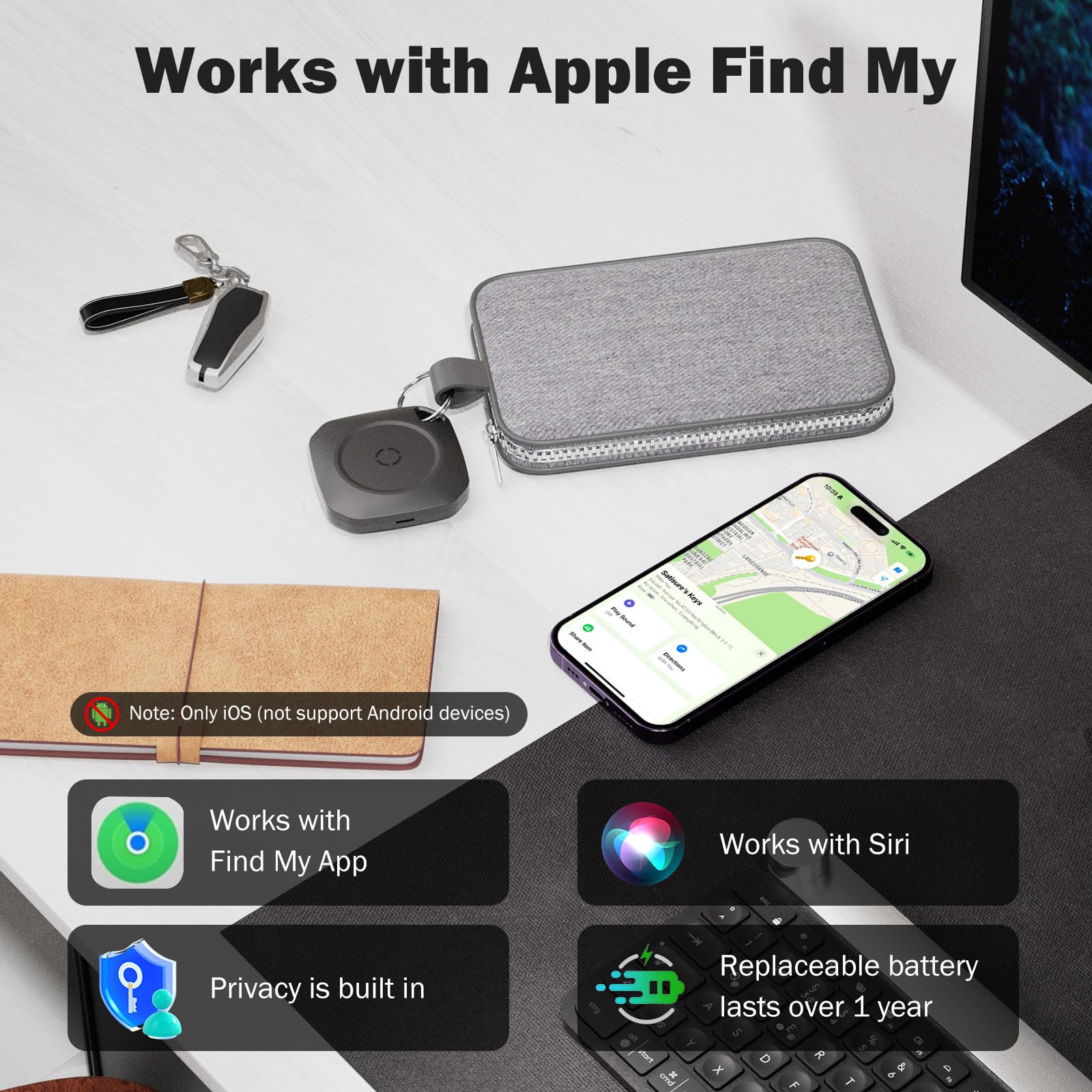 Air Tracker Tag Individuatore chiavi per iOS, Smart Tag compatibile con Apple Dove è? App (solo iOS), chiavi per valigie, viaggi, portafogli, bagagli, zaini, batterie sostituibili – 4 confezioni