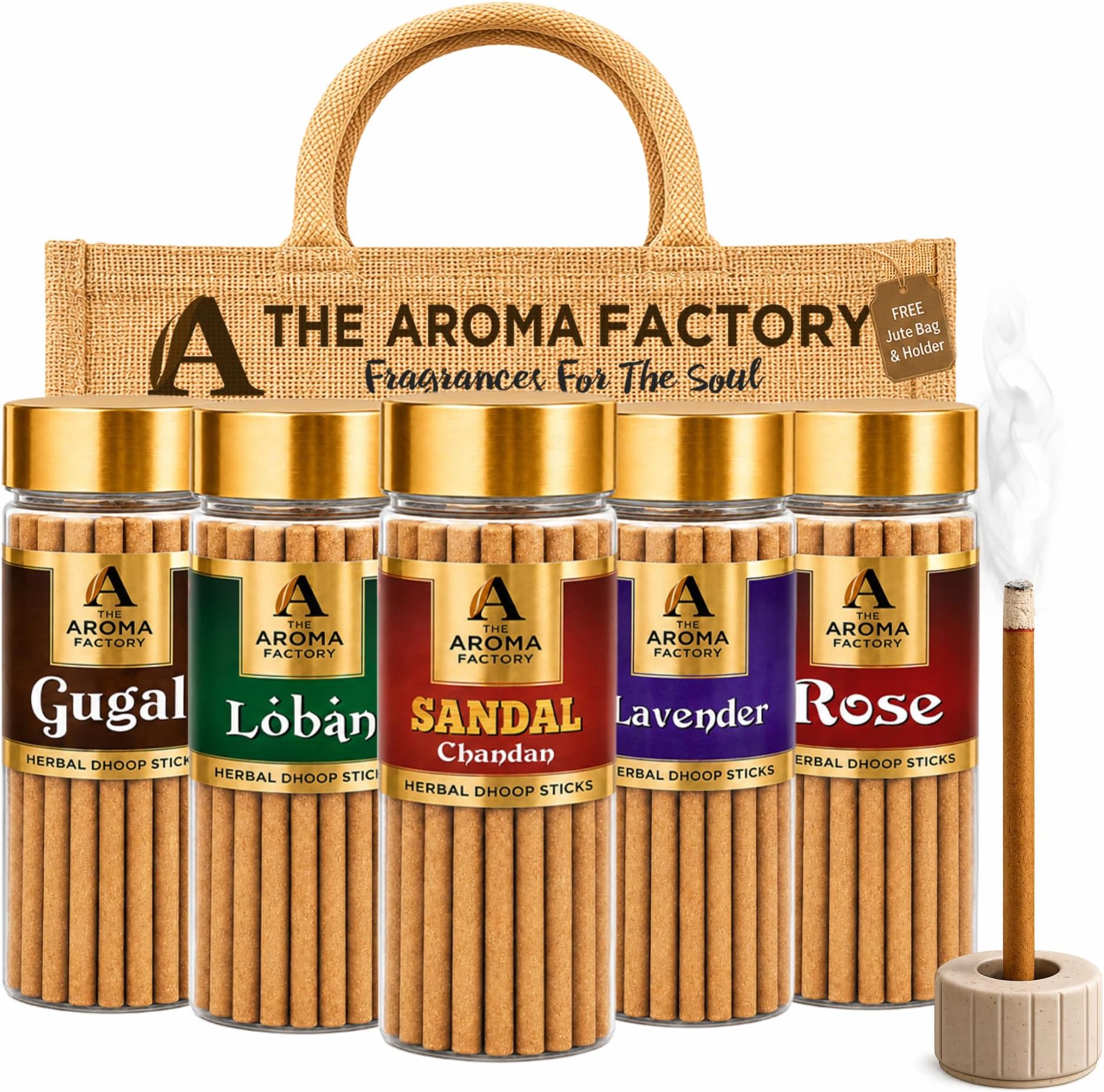 The Aroma Factory Organic Bamboo-less Incense Sticks (Rose, Sandal, Gugal, Loban, Lavender) | Non Toxic | Aromatic Fragrances Dhoop Battis | Combo of 5 Jar x 100Gram | Jute Gift Set with Wooden Holder